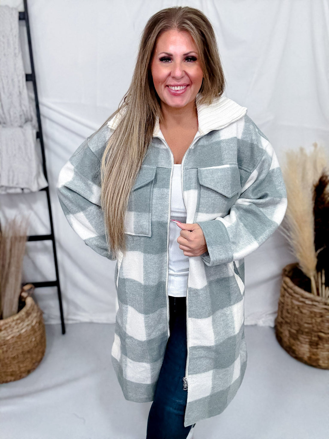 Sage Long Sleeve Checkered Print Jacket W/ Zip Up Front - Whiskey Skies - WHITE BIRCH