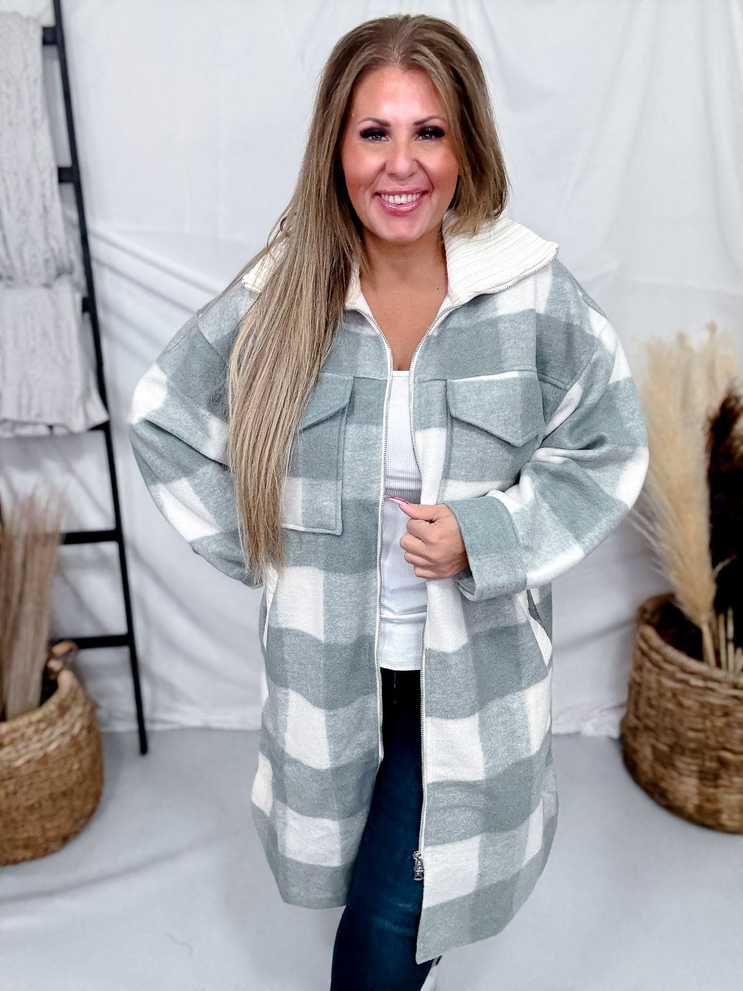 Sage Long Sleeve Checkered Print Jacket W/ Zip Up Front - Whiskey Skies - WHITE BIRCH