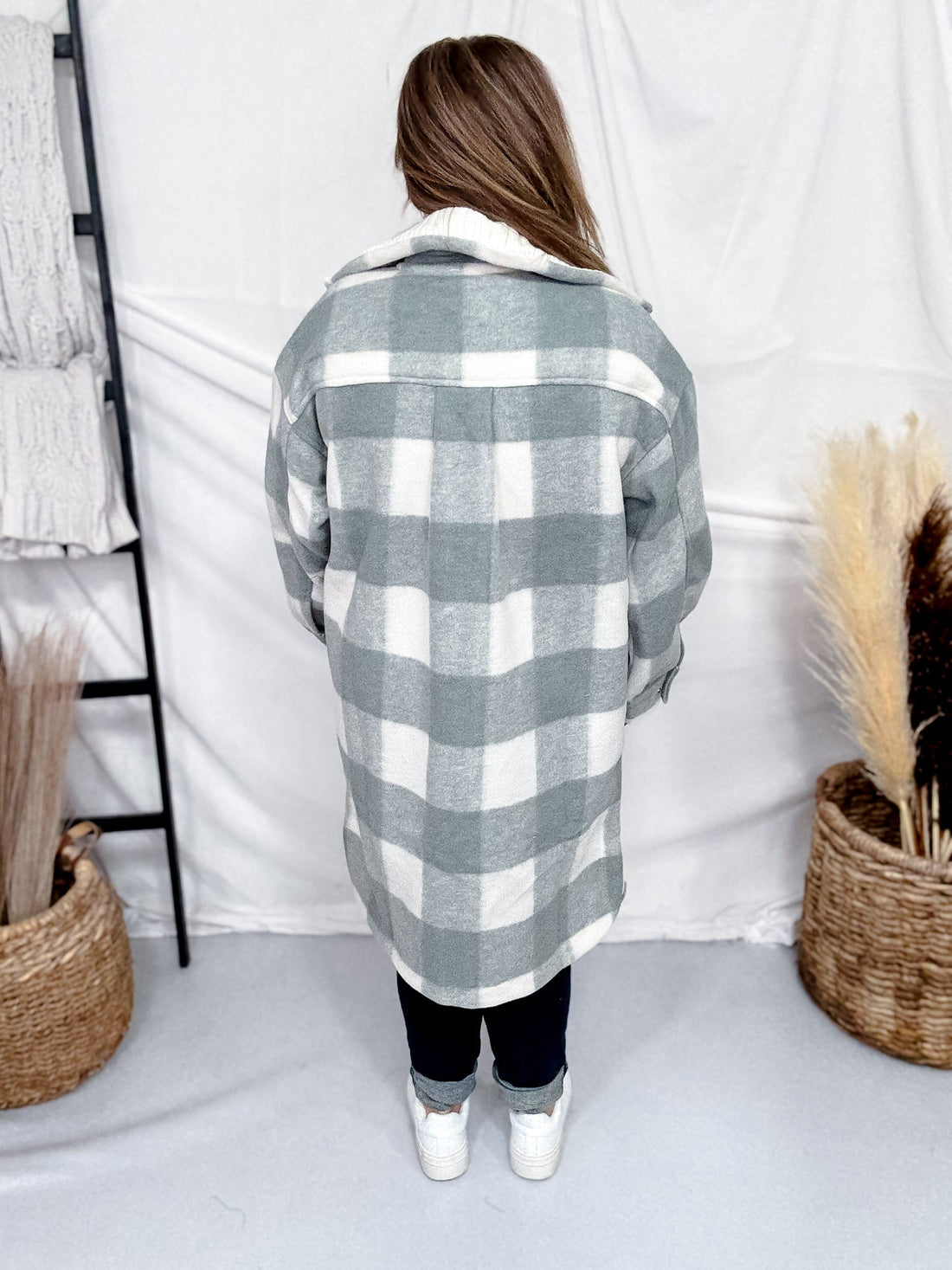 Sage Long Sleeve Checkered Print Jacket W/ Zip Up Front - Whiskey Skies - WHITE BIRCH