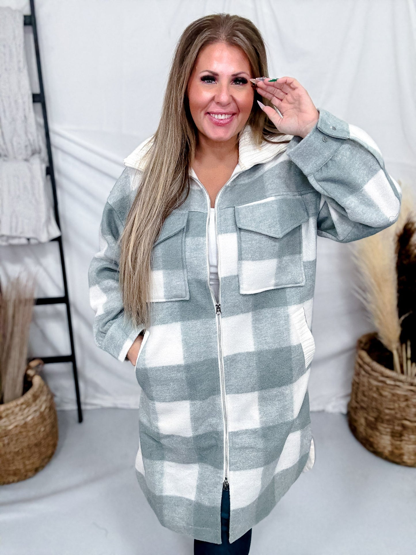 Sage Long Sleeve Checkered Print Jacket W/ Zip Up Front - Whiskey Skies - WHITE BIRCH