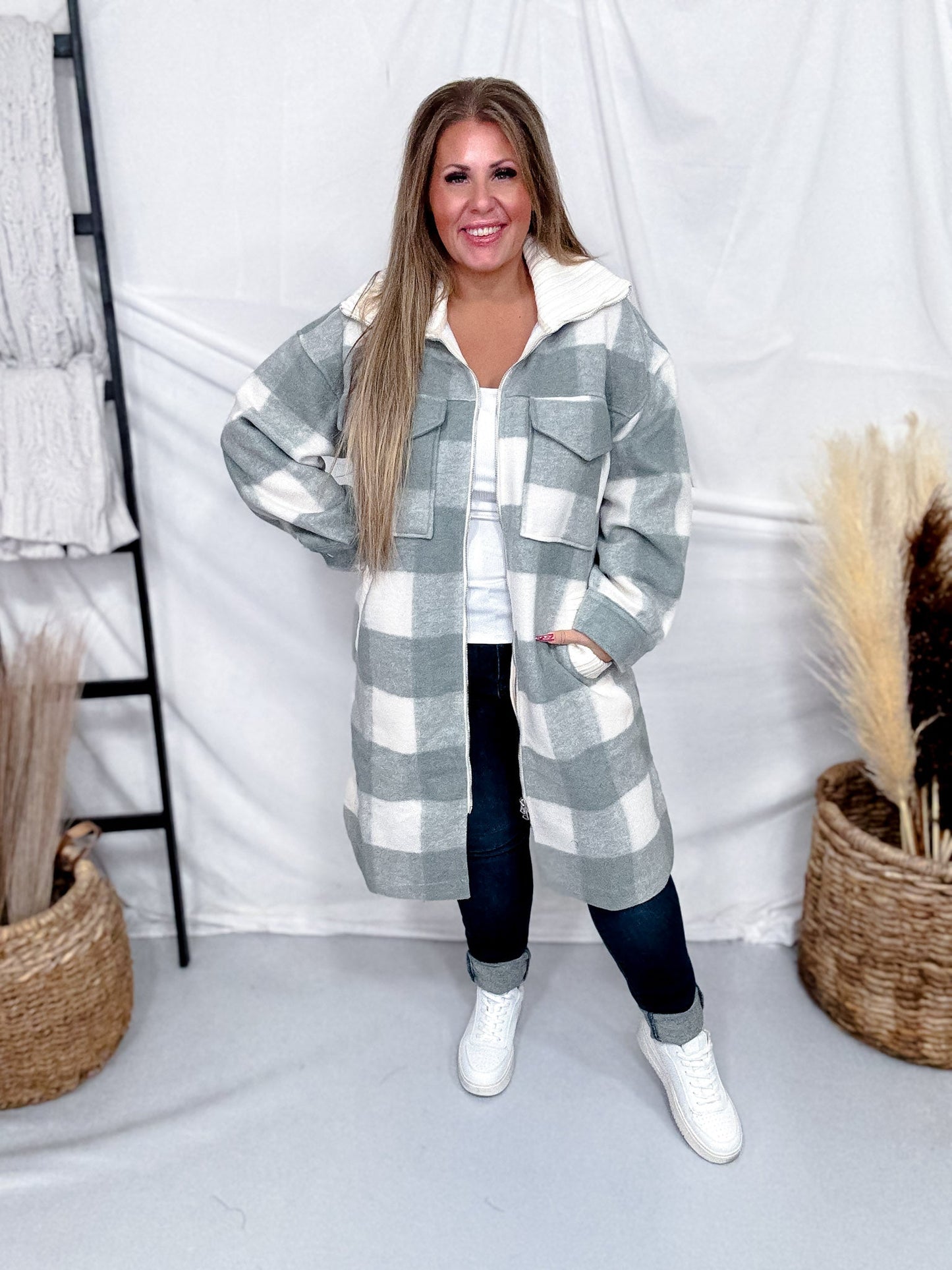 Sage Long Sleeve Checkered Print Jacket W/ Zip Up Front - Whiskey Skies - WHITE BIRCH