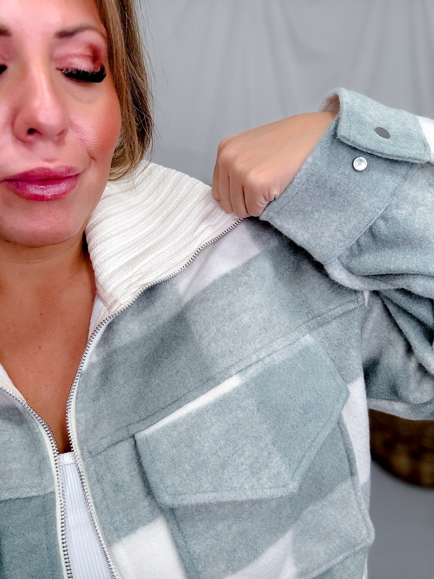 Sage Long Sleeve Checkered Print Jacket W/ Zip Up Front - Whiskey Skies - WHITE BIRCH