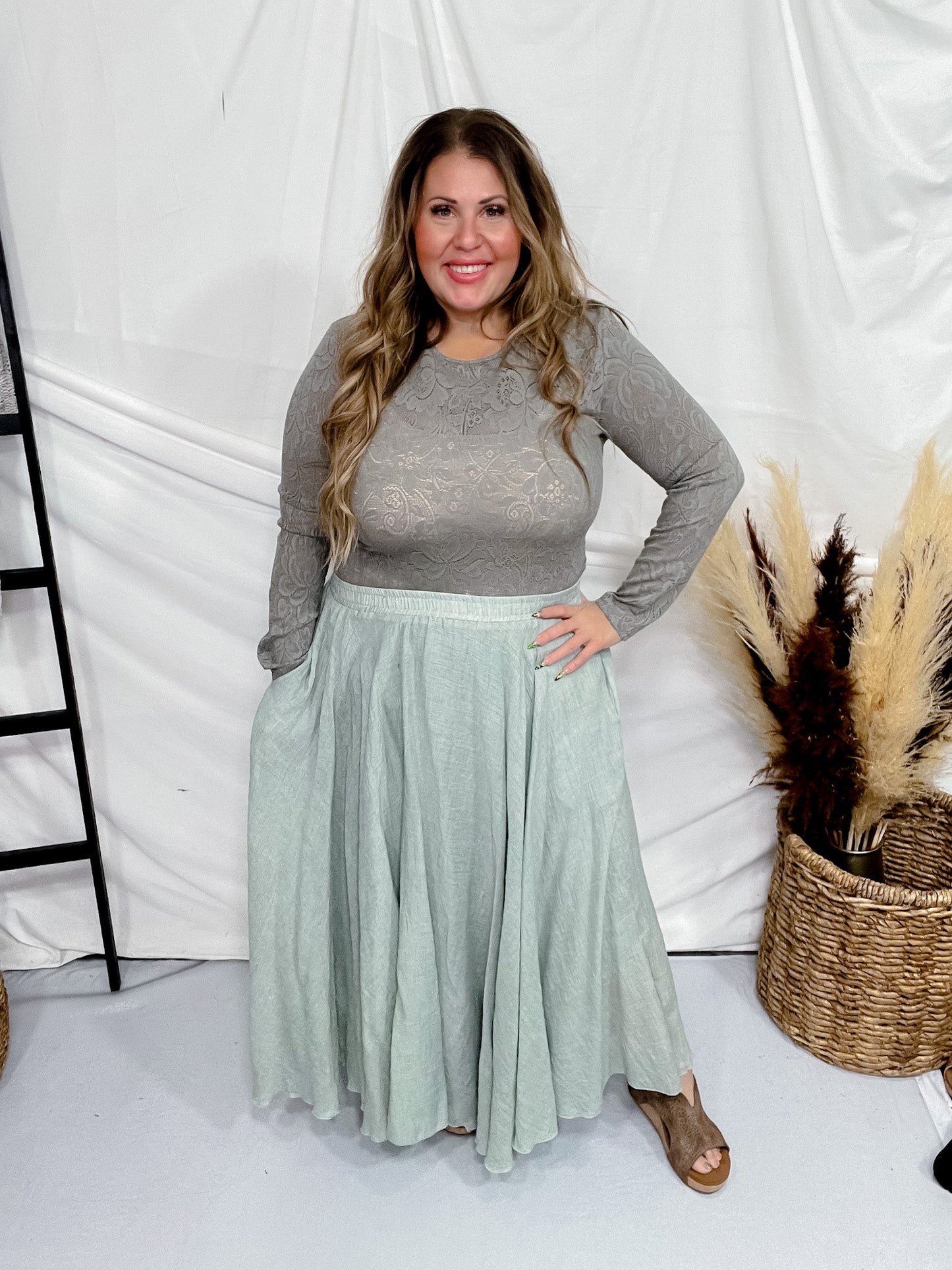 Sage Maxi Skirt W/ Side Pockets - Whiskey Skies - WHITE BIRCH