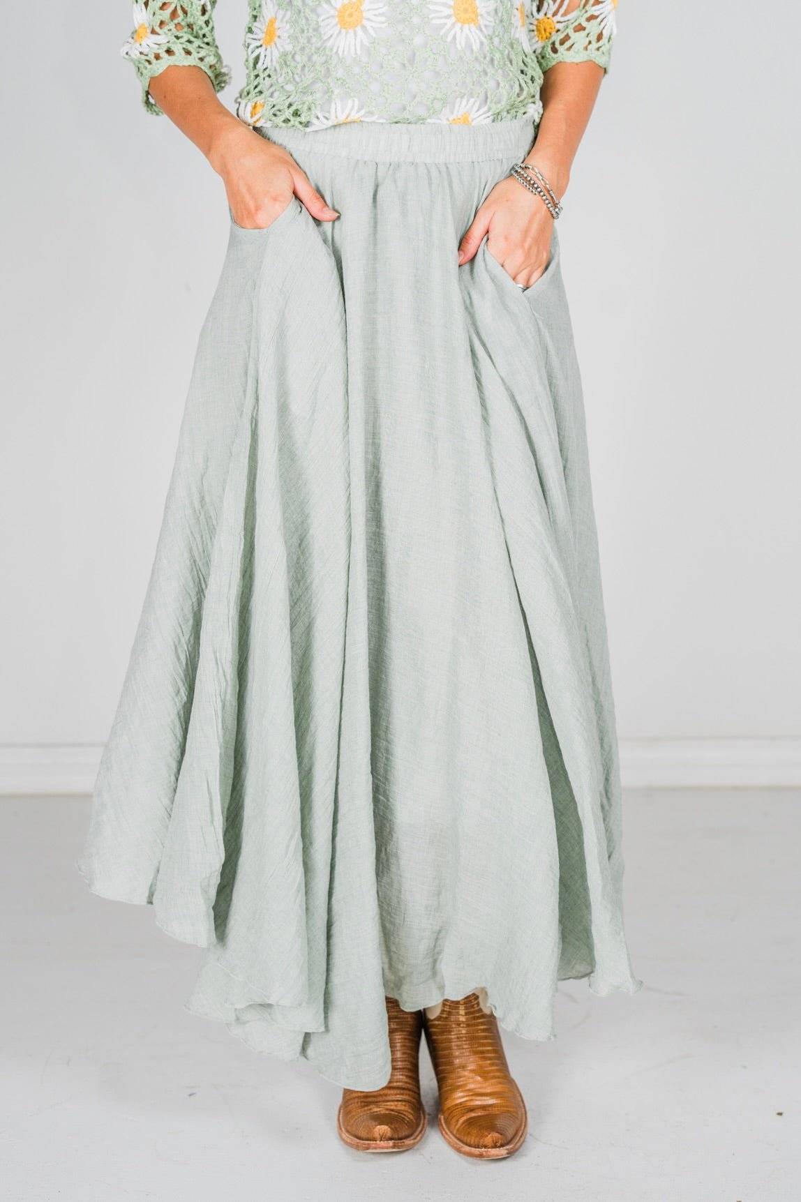 Sage Maxi Skirt W/ Side Pockets - Whiskey Skies - WHITE BIRCH