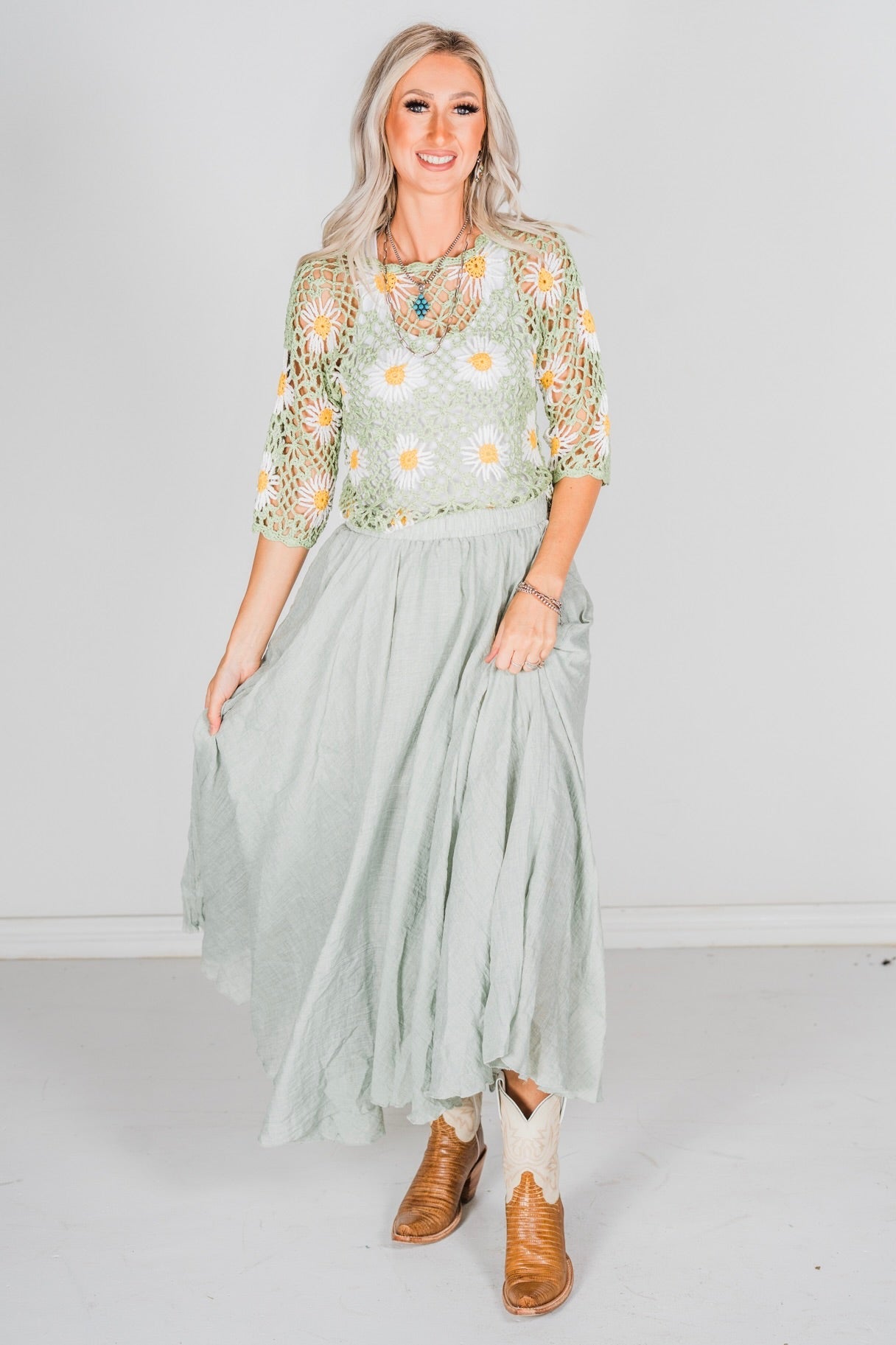 Sage Maxi Skirt W/ Side Pockets - Whiskey Skies - WHITE BIRCH
