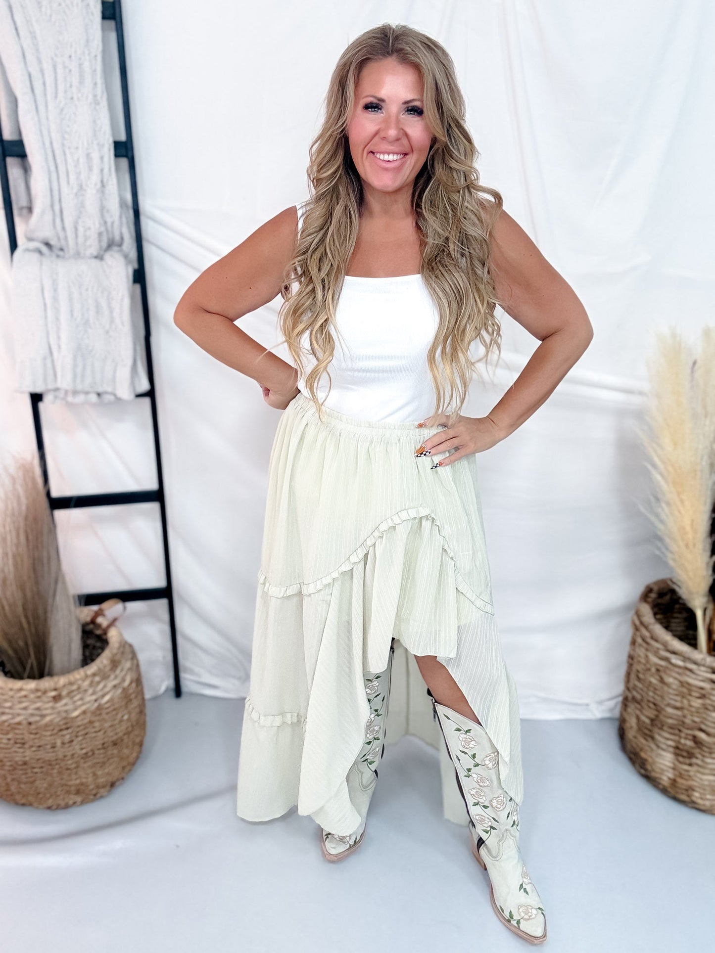 Sage Pinstriped Woven Ruffle High-Low Skirt - Whiskey Skies - POLAGRAM + BAEVELY
