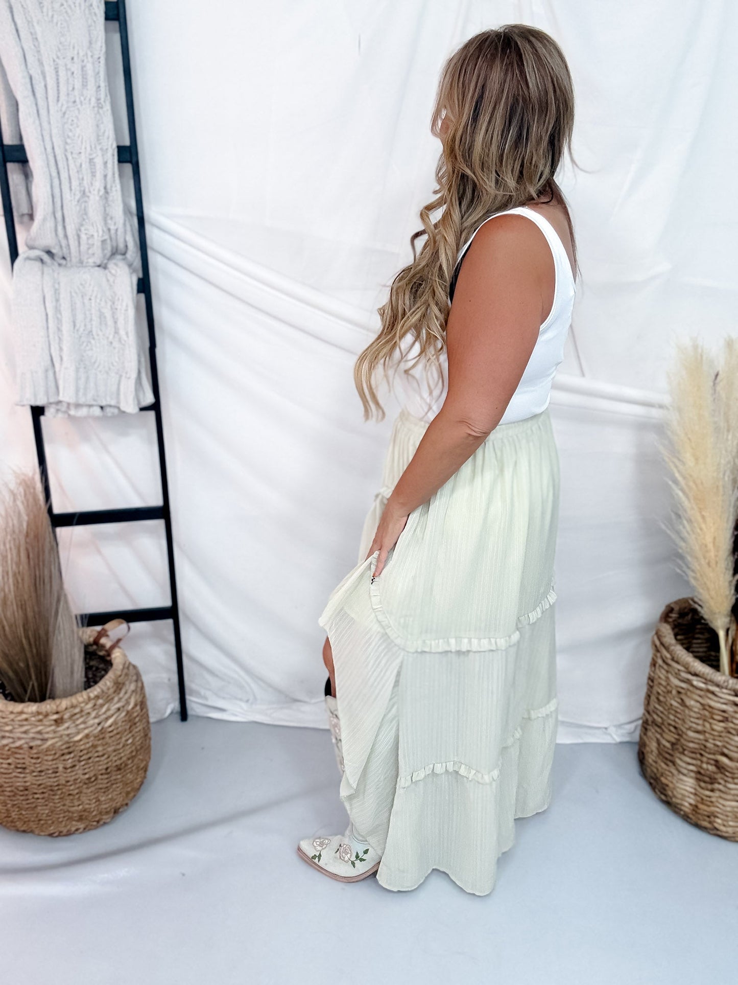 Sage Pinstriped Woven Ruffle High-Low Skirt - Whiskey Skies - POLAGRAM + BAEVELY