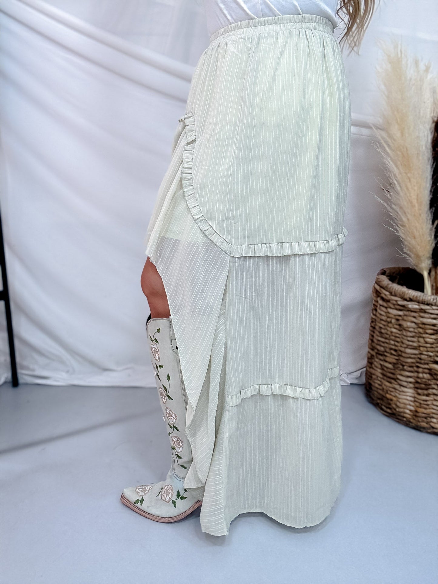 Sage Pinstriped Woven Ruffle High-Low Skirt - Whiskey Skies - POLAGRAM + BAEVELY