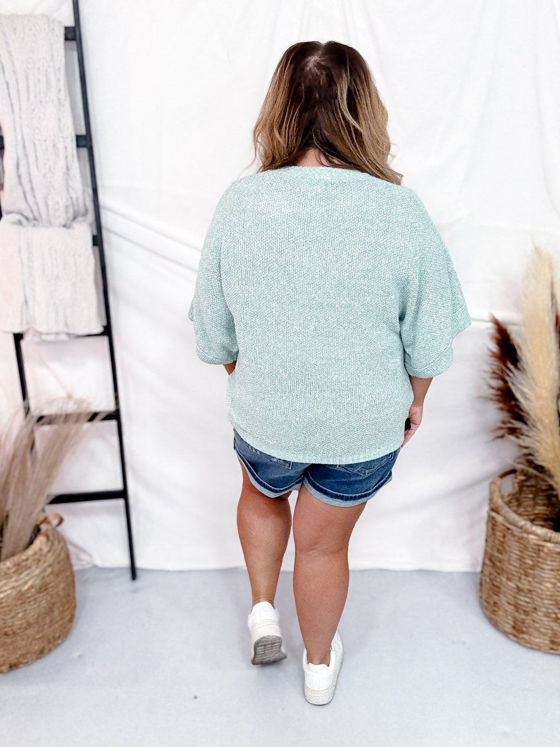 Sage Textured Knit Half Sleeve Sweater - Whiskey Skies - BIBI