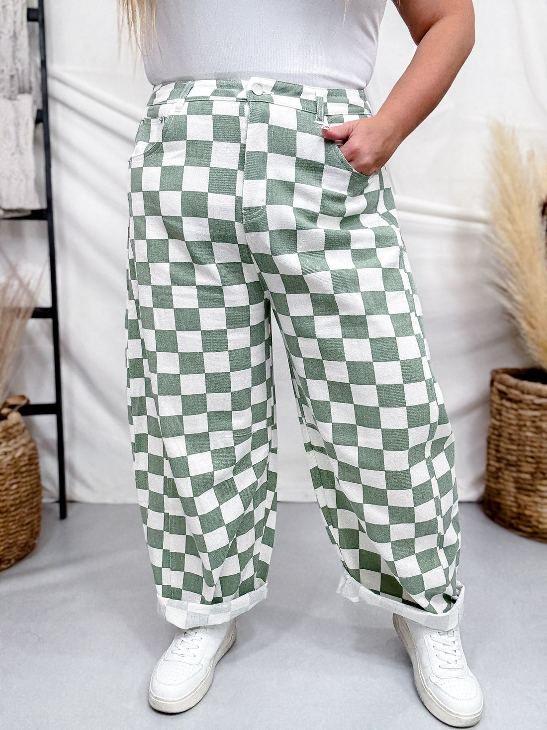 Sage & White Checkered Barrel Leg Pants - Whiskey Skies - ODDI