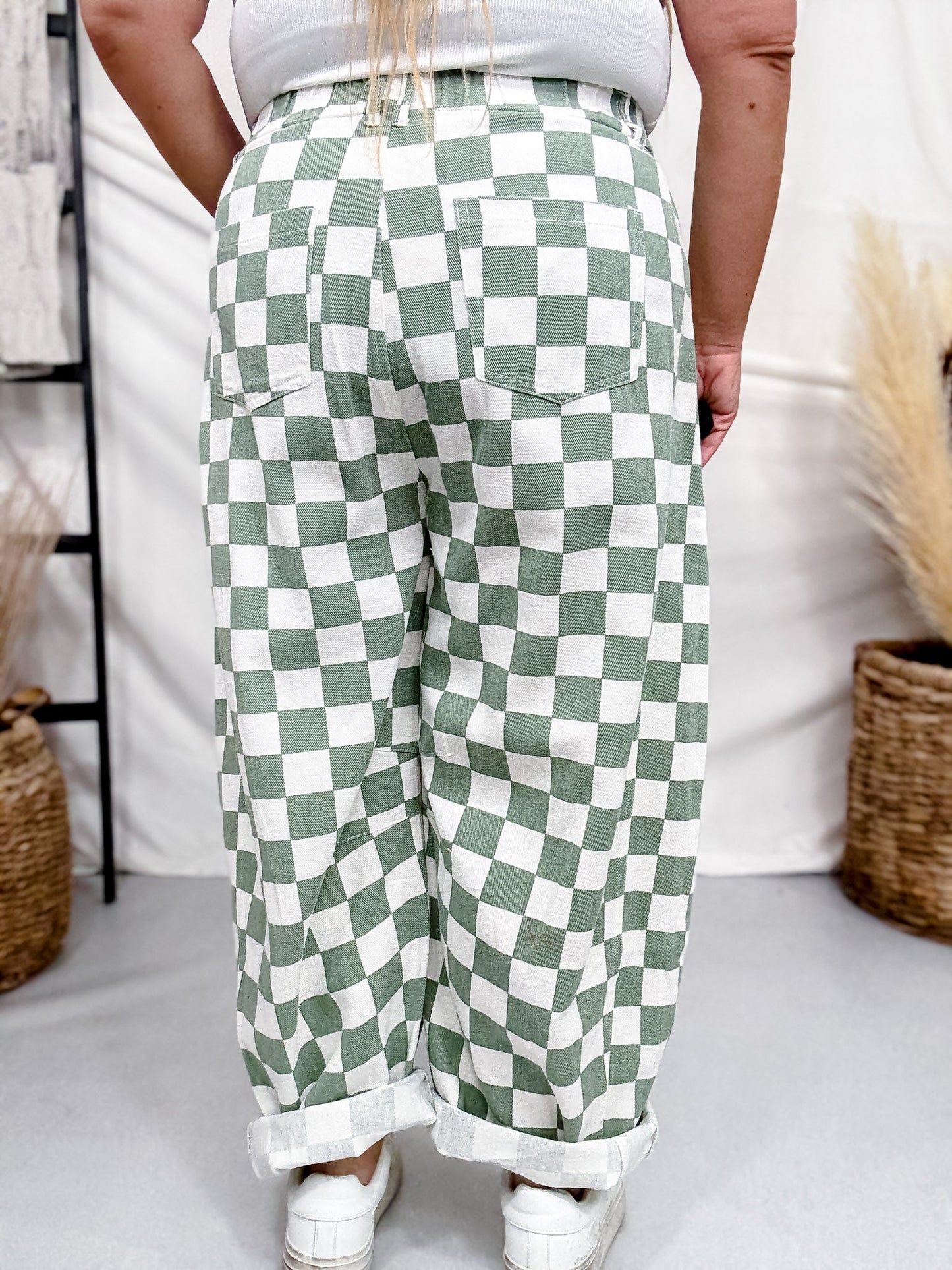 Sage & White Checkered Barrel Leg Pants - Whiskey Skies - ODDI