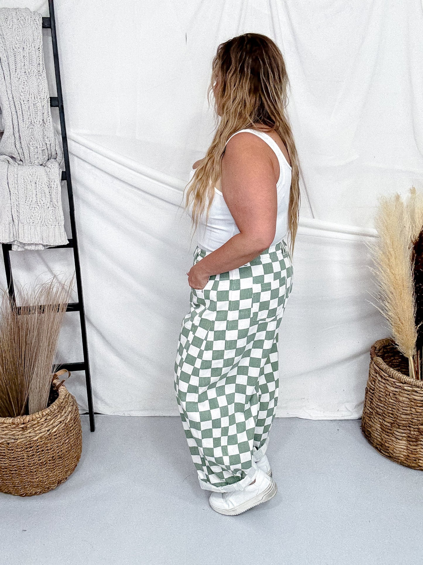 Sage & White Checkered Barrel Leg Pants - Whiskey Skies - ODDI