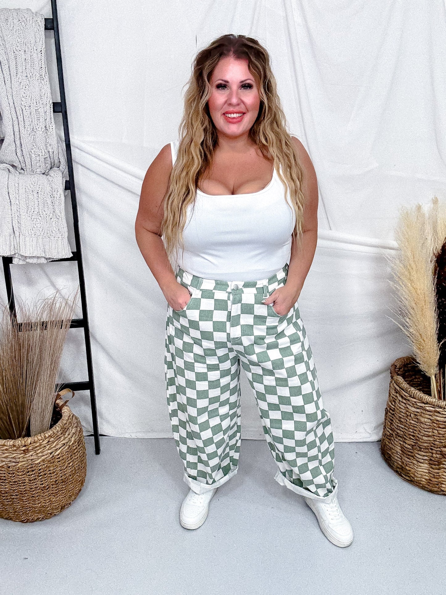 Sage & White Checkered Barrel Leg Pants - Whiskey Skies - ODDI