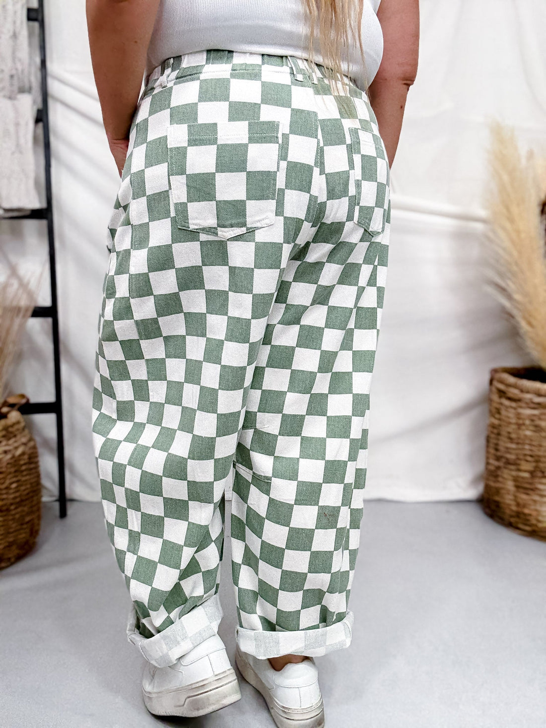 Sage & White Checkered Barrel Leg Pants - Whiskey Skies - ODDI