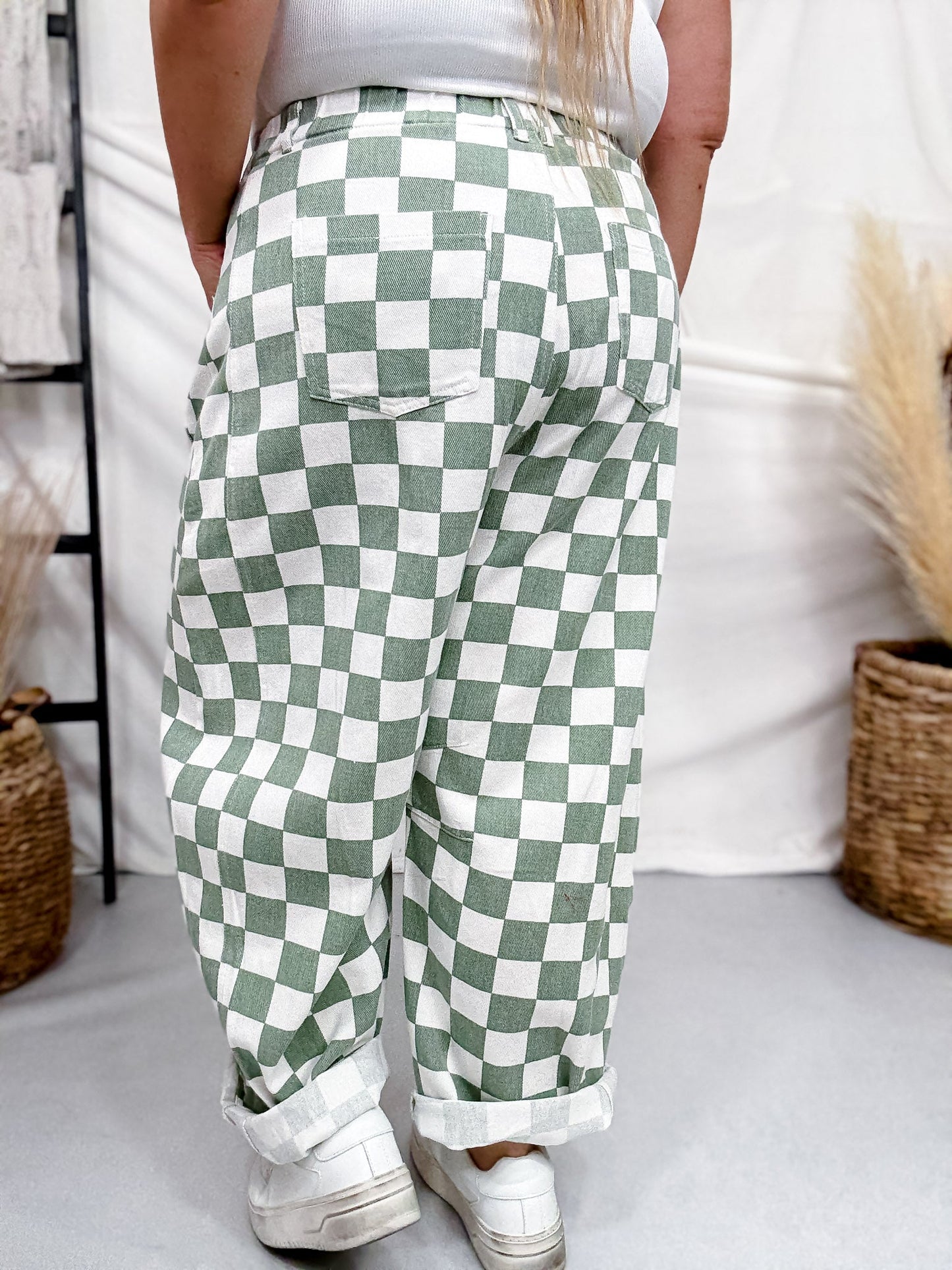 Sage & White Checkered Barrel Leg Pants - Whiskey Skies - ODDI