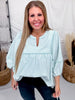 Sage & White Striped Top With Balloon Sleeves - Whiskey Skies - ODDI