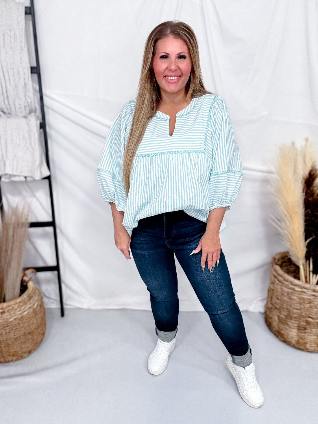 Sage & White Striped Top With Balloon Sleeves - Whiskey Skies - ODDI
