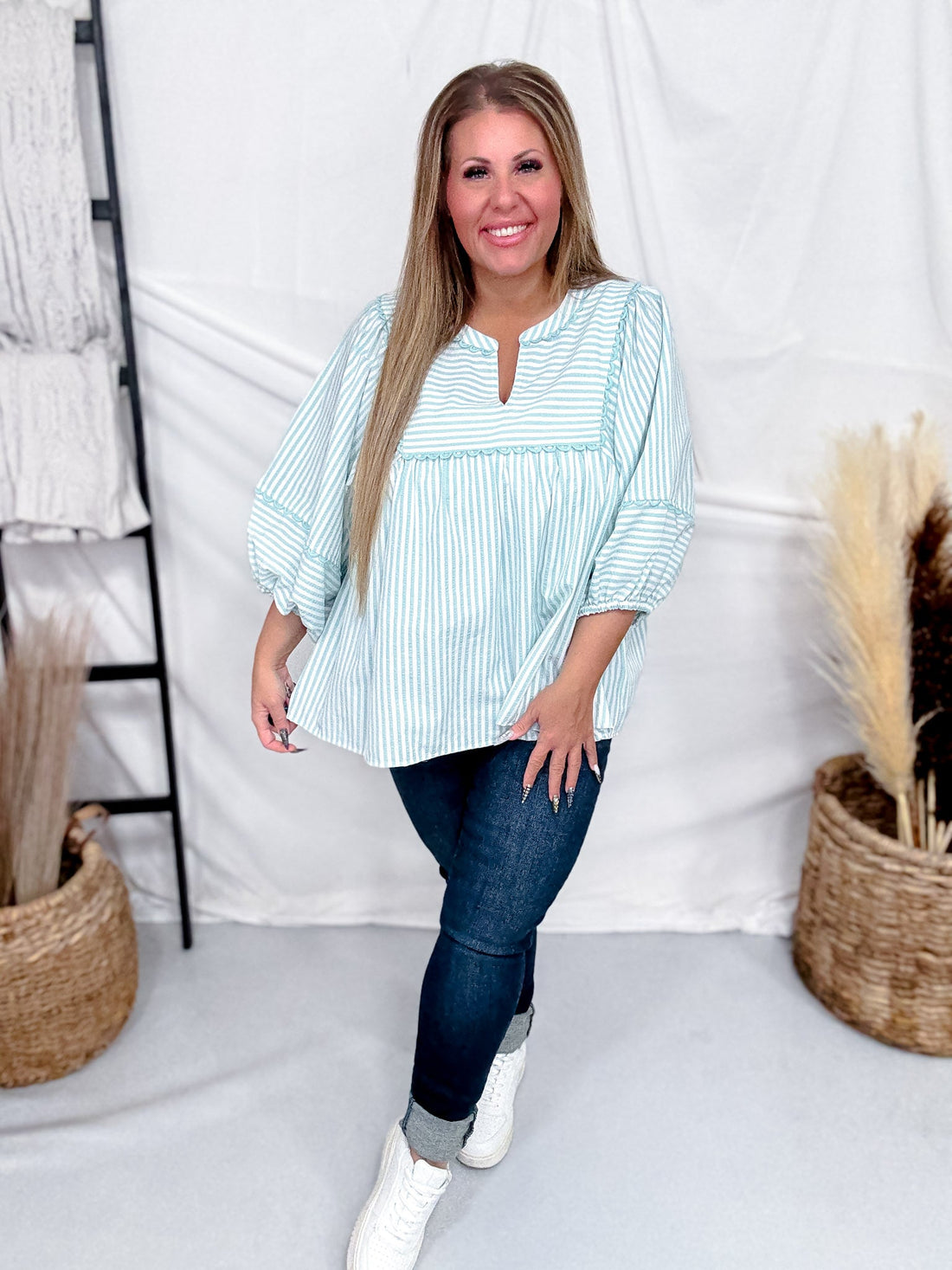 Sage & White Striped Top With Balloon Sleeves - Whiskey Skies - ODDI