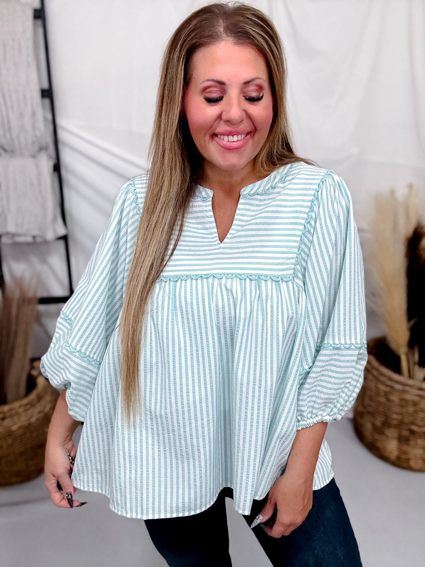 Sage & White Striped Top With Balloon Sleeves - Whiskey Skies - ODDI