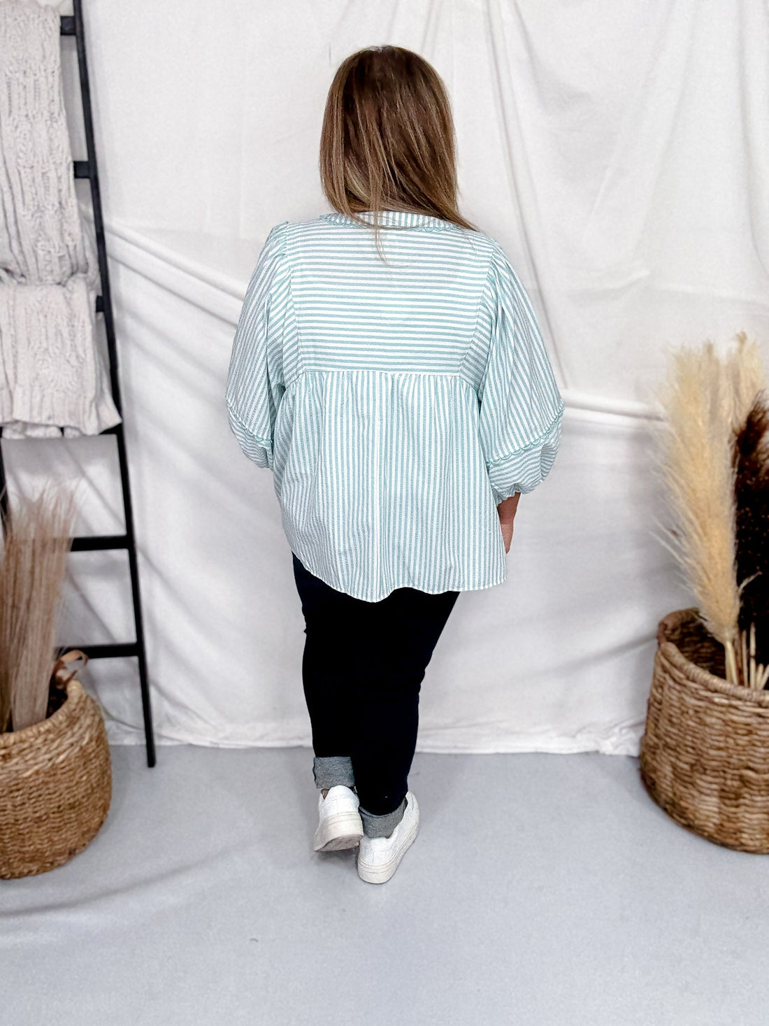 Sage & White Striped Top With Balloon Sleeves - Whiskey Skies - ODDI
