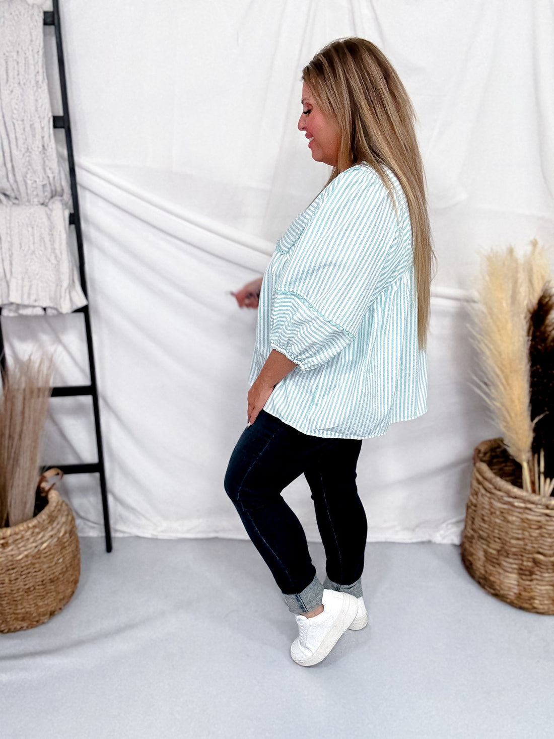 Sage & White Striped Top With Balloon Sleeves - Whiskey Skies - ODDI