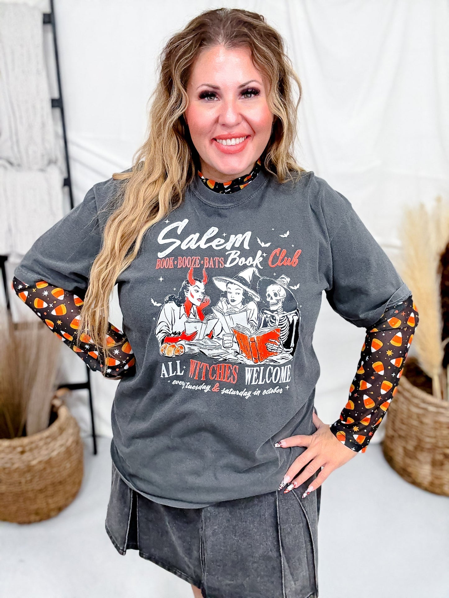 Salem Book Club Witchy Halloween Graphic T-Shirt - Whiskey Skies - THE LATTIMORE CLAIM