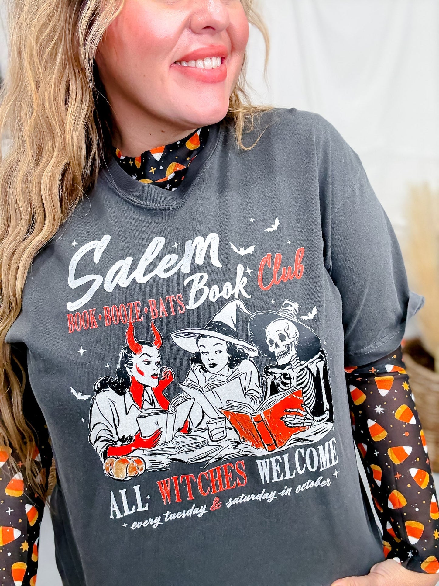 Salem Book Club Witchy Halloween Graphic T-Shirt - Whiskey Skies - THE LATTIMORE CLAIM