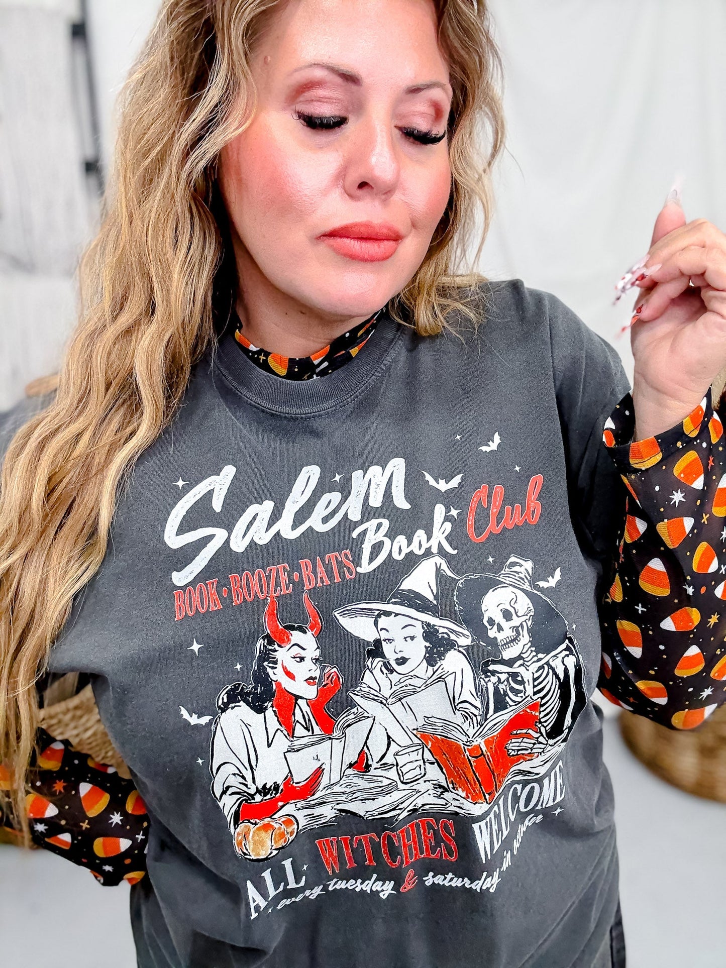 Salem Book Club Witchy Halloween Graphic T-Shirt - Whiskey Skies - THE LATTIMORE CLAIM