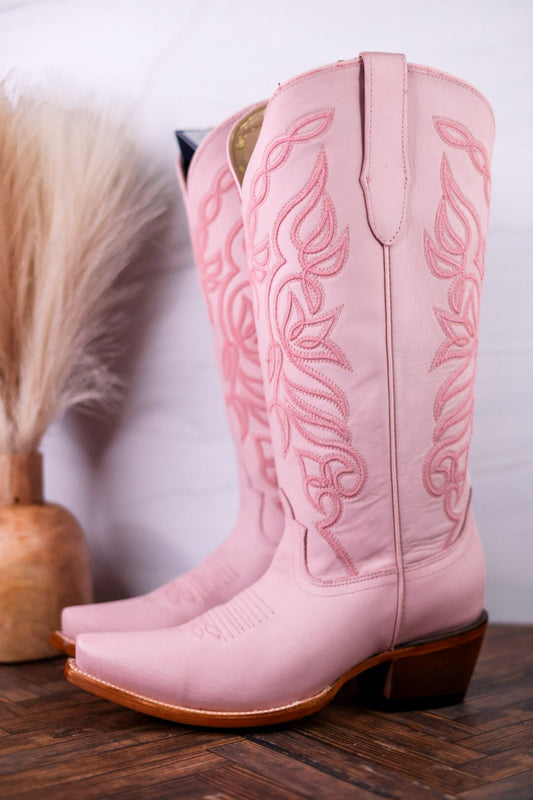 Sally Midi Wide Calf Pink Leather Embroidered Boots - Whiskey Skies - ROCKEM