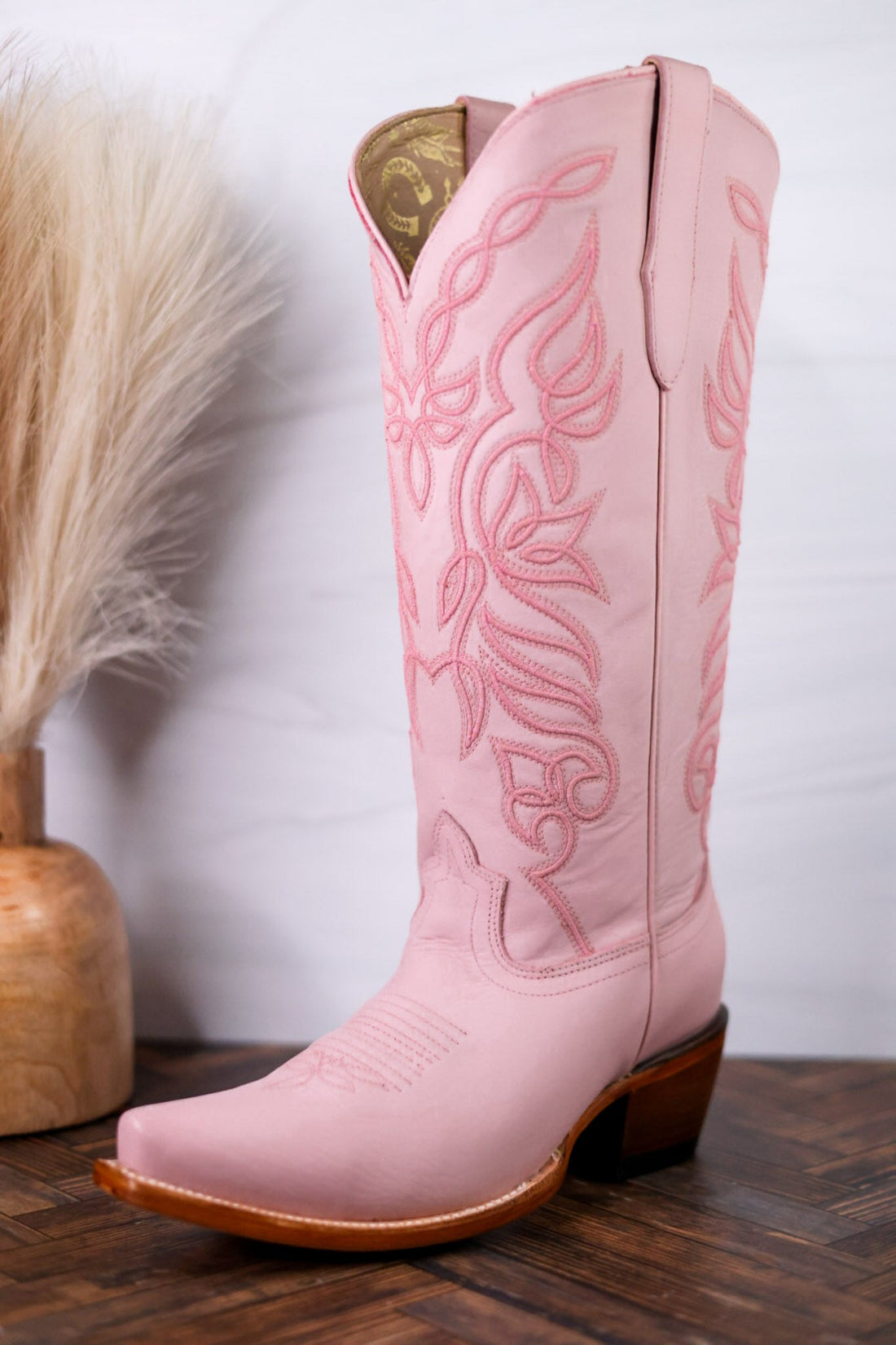 Sally Midi Wide Calf Pink Leather Embroidered Boots - Whiskey Skies - ROCKEM