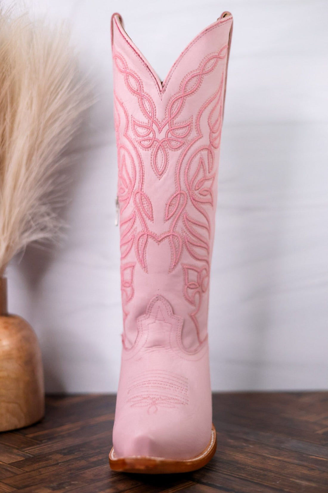 Sally Midi Wide Calf Pink Leather Embroidered Boots - Whiskey Skies - ROCKEM