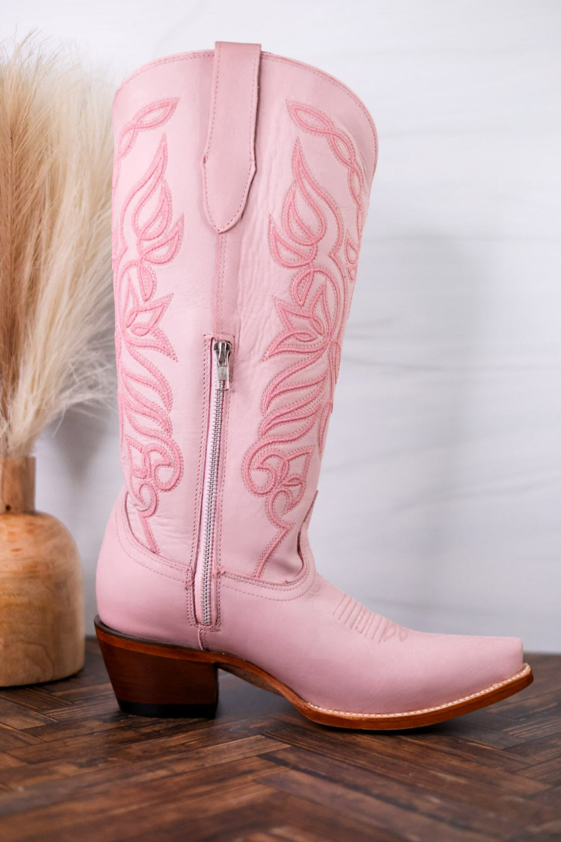 Sally Midi Wide Calf Pink Leather Embroidered Boots - Whiskey Skies - ROCKEM