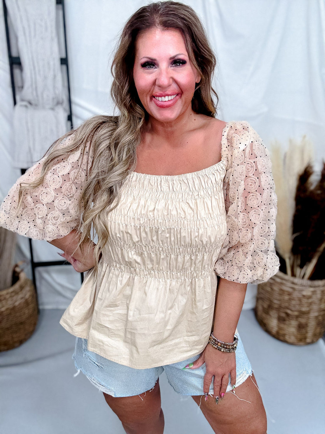 Sand Colored Polka Dot Poplin Smocked Blouse W/ Mesh Sleeves - Whiskey Skies - ODDI