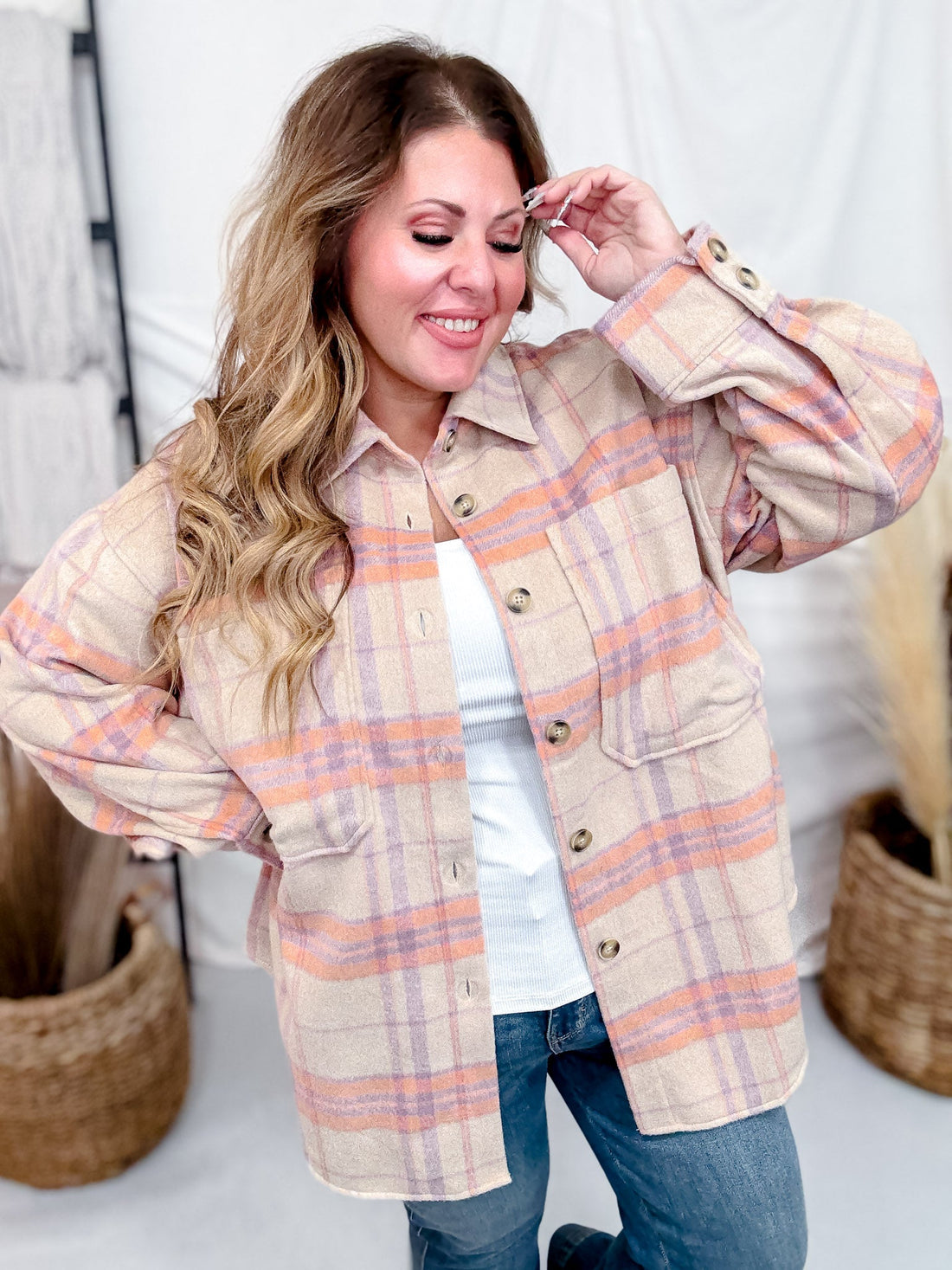 Sand & Lavender Plaid Shacket - Whiskey Skies - WHITE BIRCH