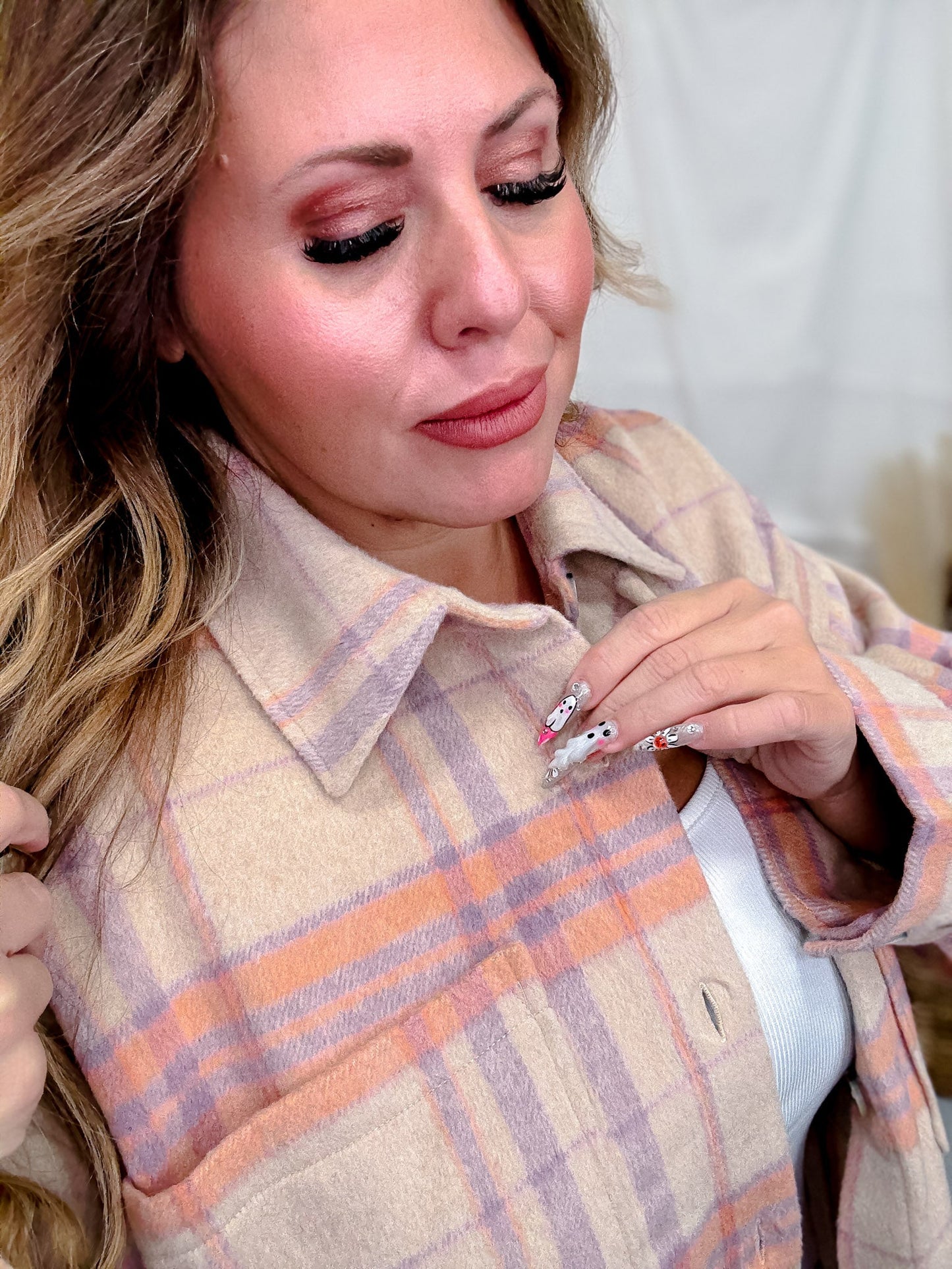 Sand & Lavender Plaid Shacket - Whiskey Skies - WHITE BIRCH