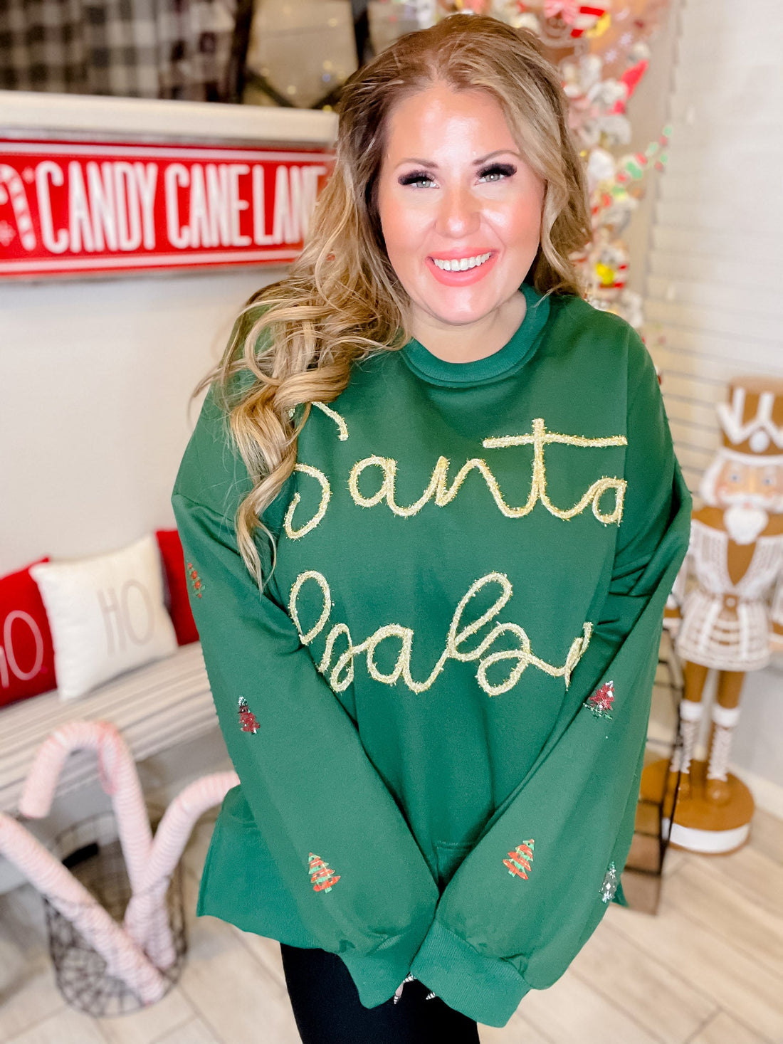 Santa Baby Green Christmas Sweatshirt W/ Tree Patch Details - Whiskey Skies - ODDI