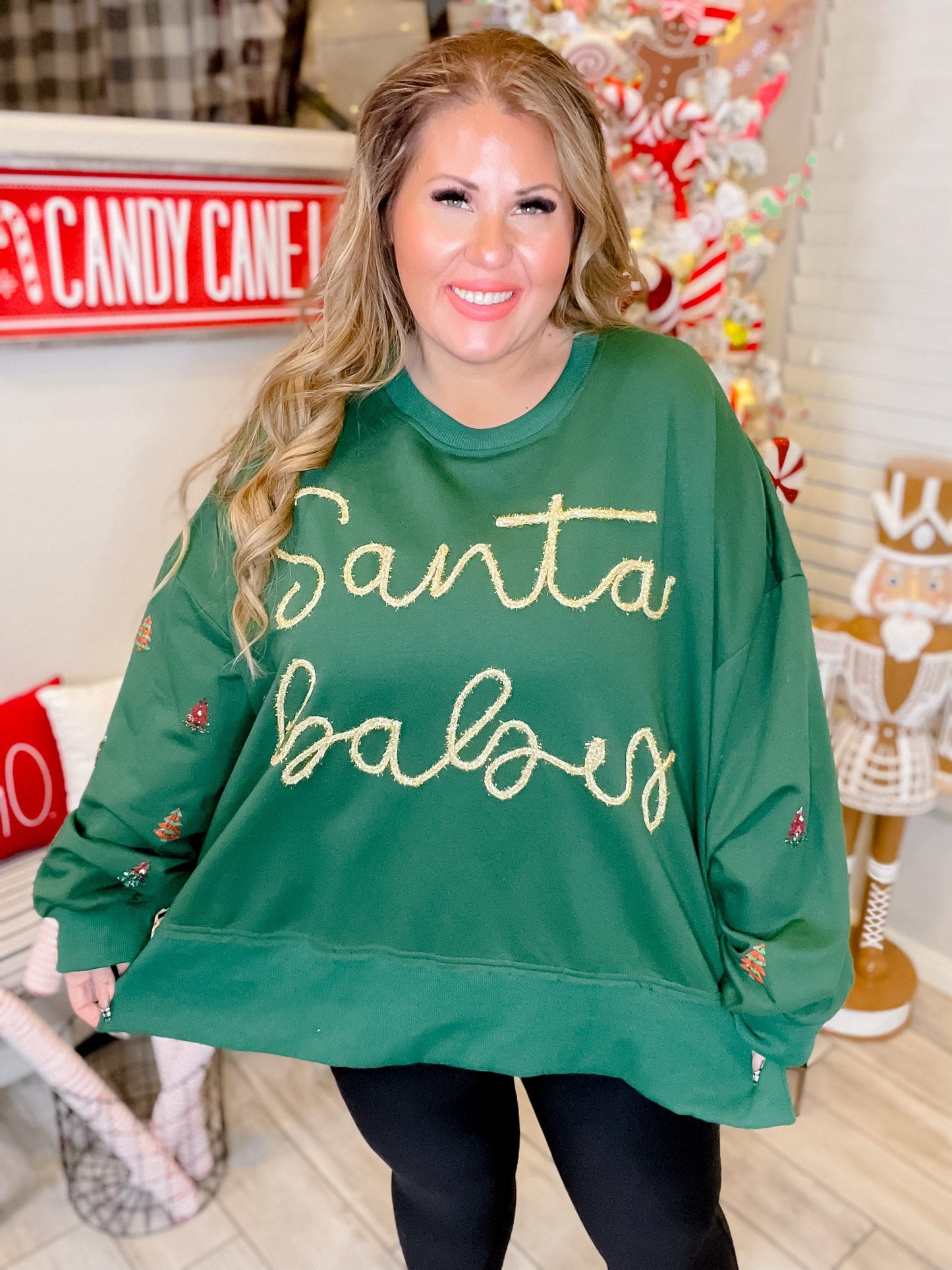 Santa Baby Green Christmas Sweatshirt W/ Tree Patch Details - Whiskey Skies - ODDI