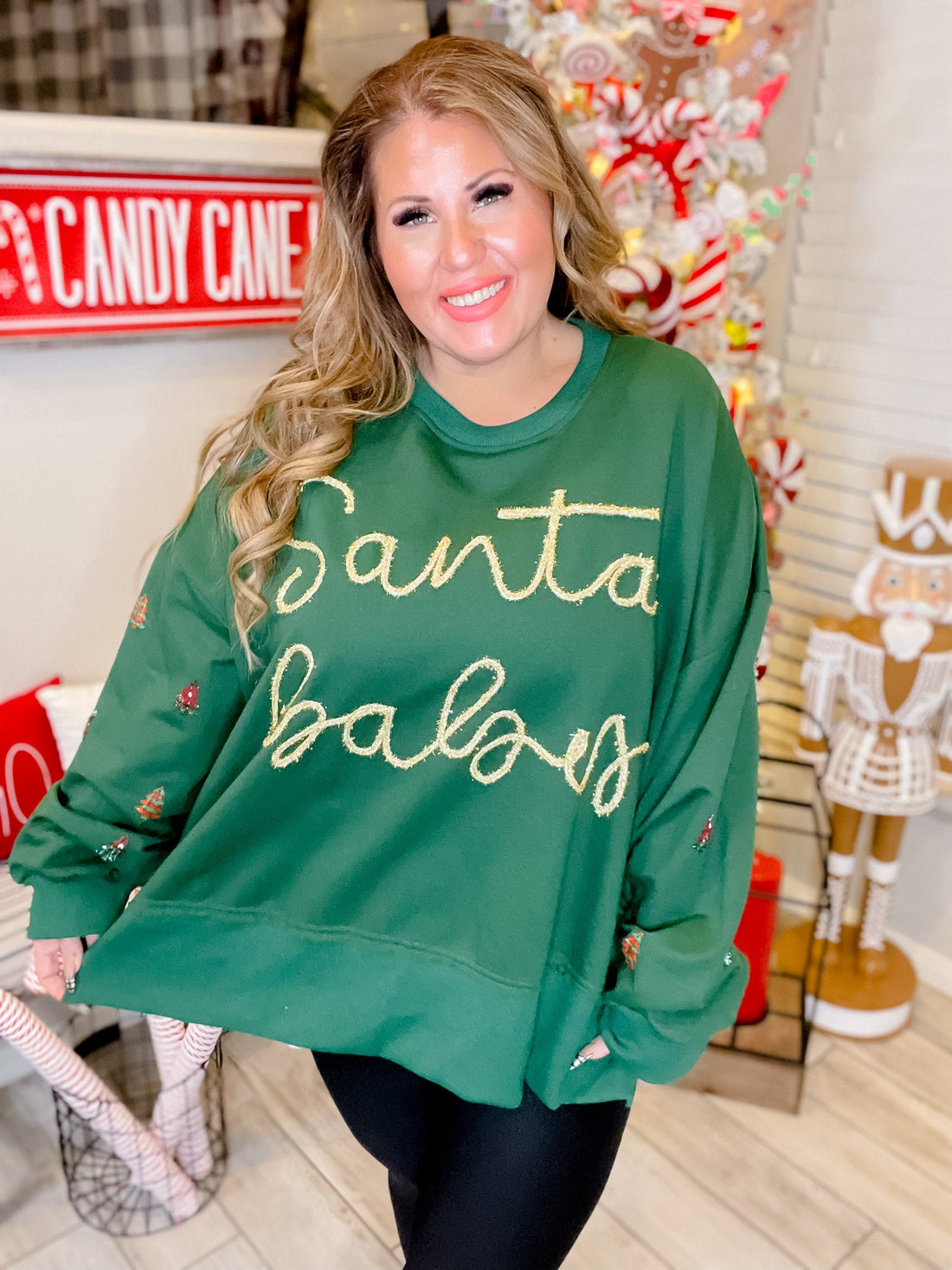 Santa Baby Green Christmas Sweatshirt W/ Tree Patch Details - Whiskey Skies - ODDI