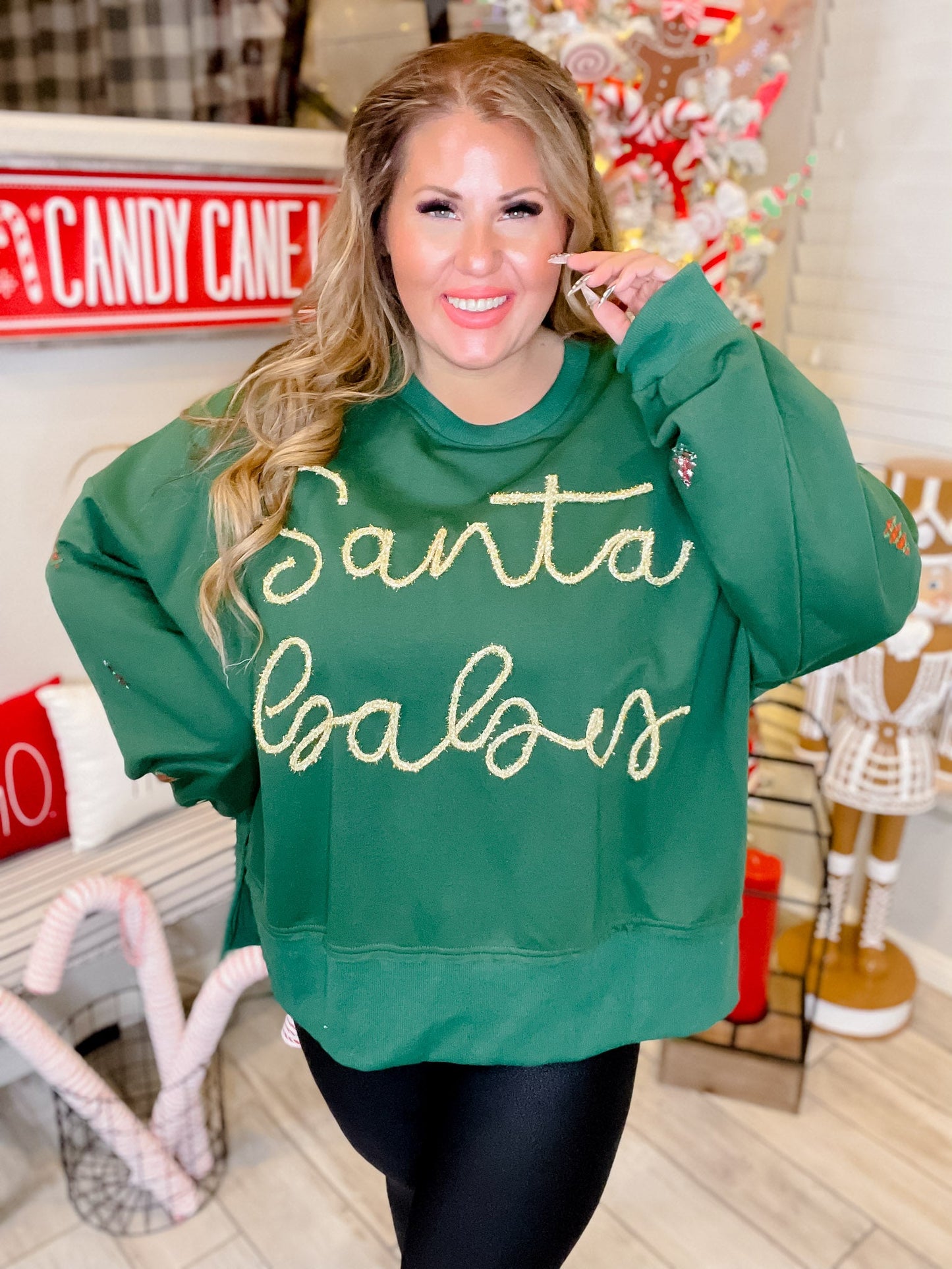 Santa Baby Green Christmas Sweatshirt W/ Tree Patch Details - Whiskey Skies - ODDI