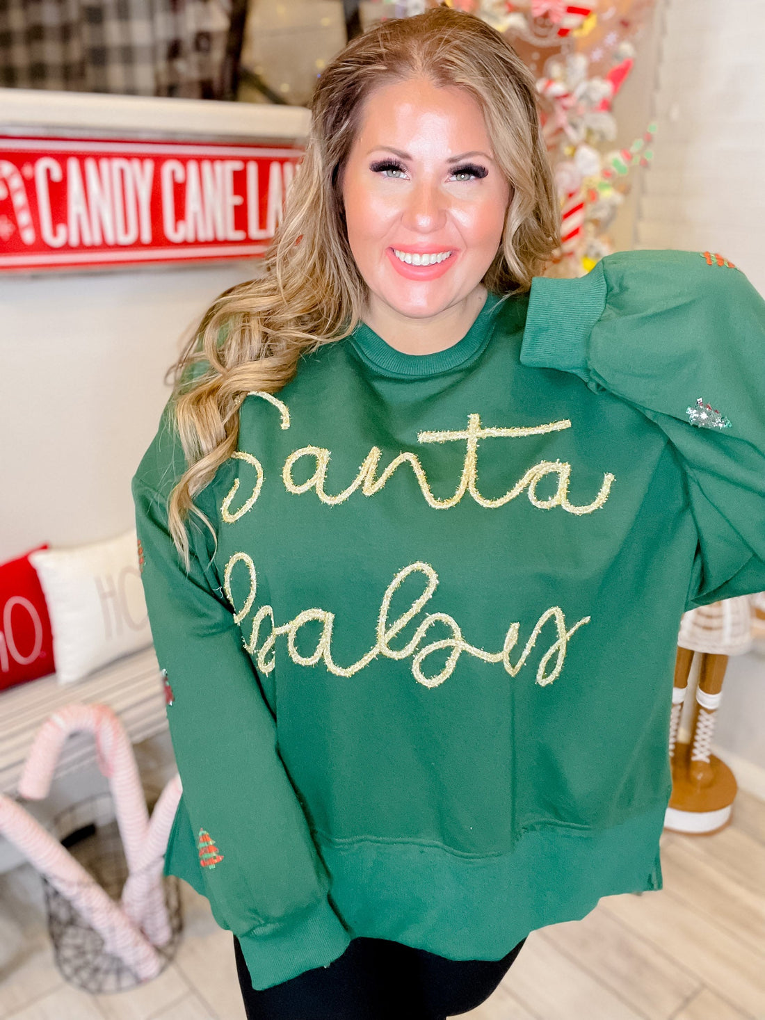 Santa Baby Green Christmas Sweatshirt W/ Tree Patch Details - Whiskey Skies - ODDI