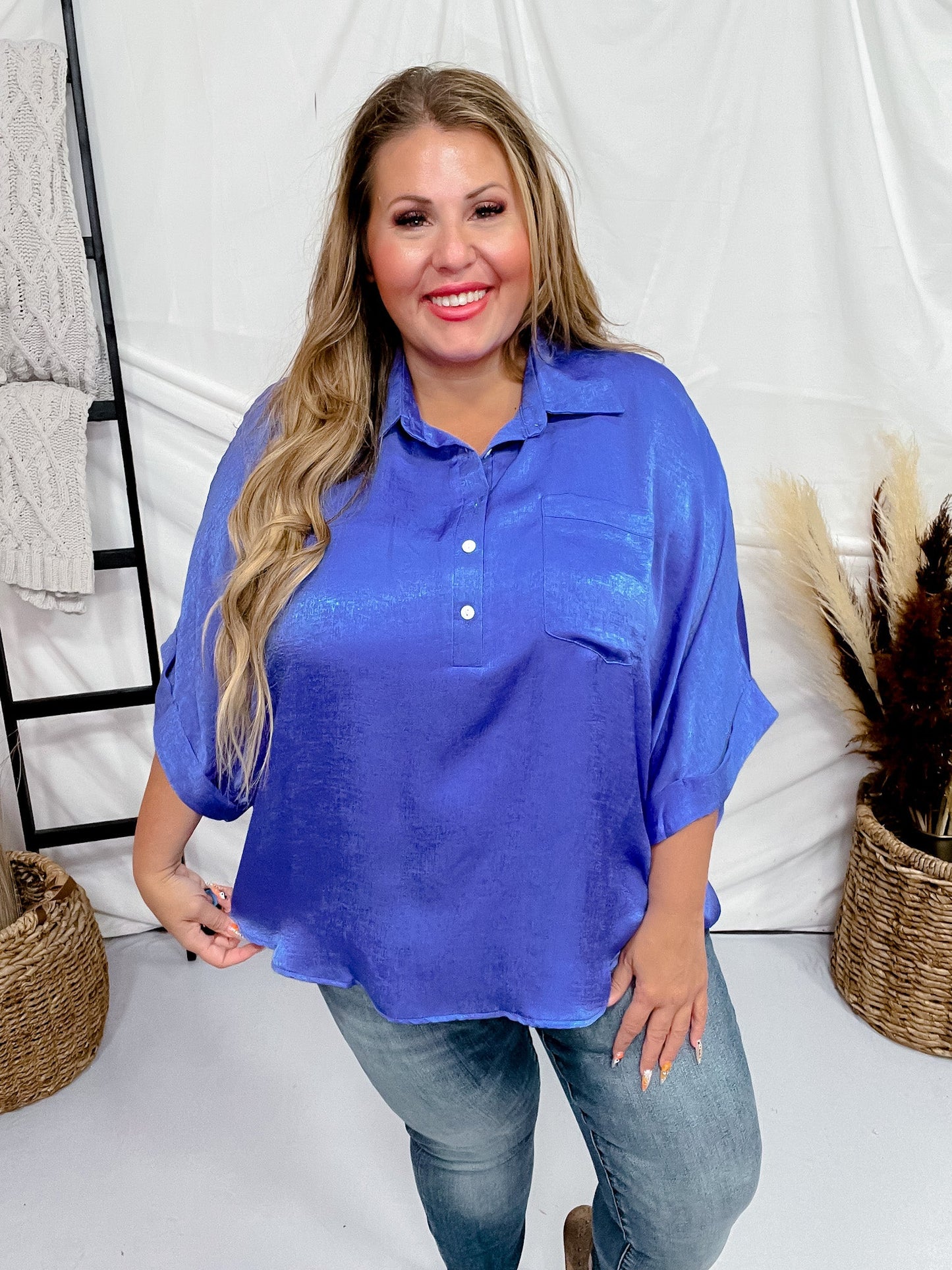 Satin Feel Oversized Top with Dolman Sleeves in Royal Blue - Whiskey Skies - ANDREE BY UNIT