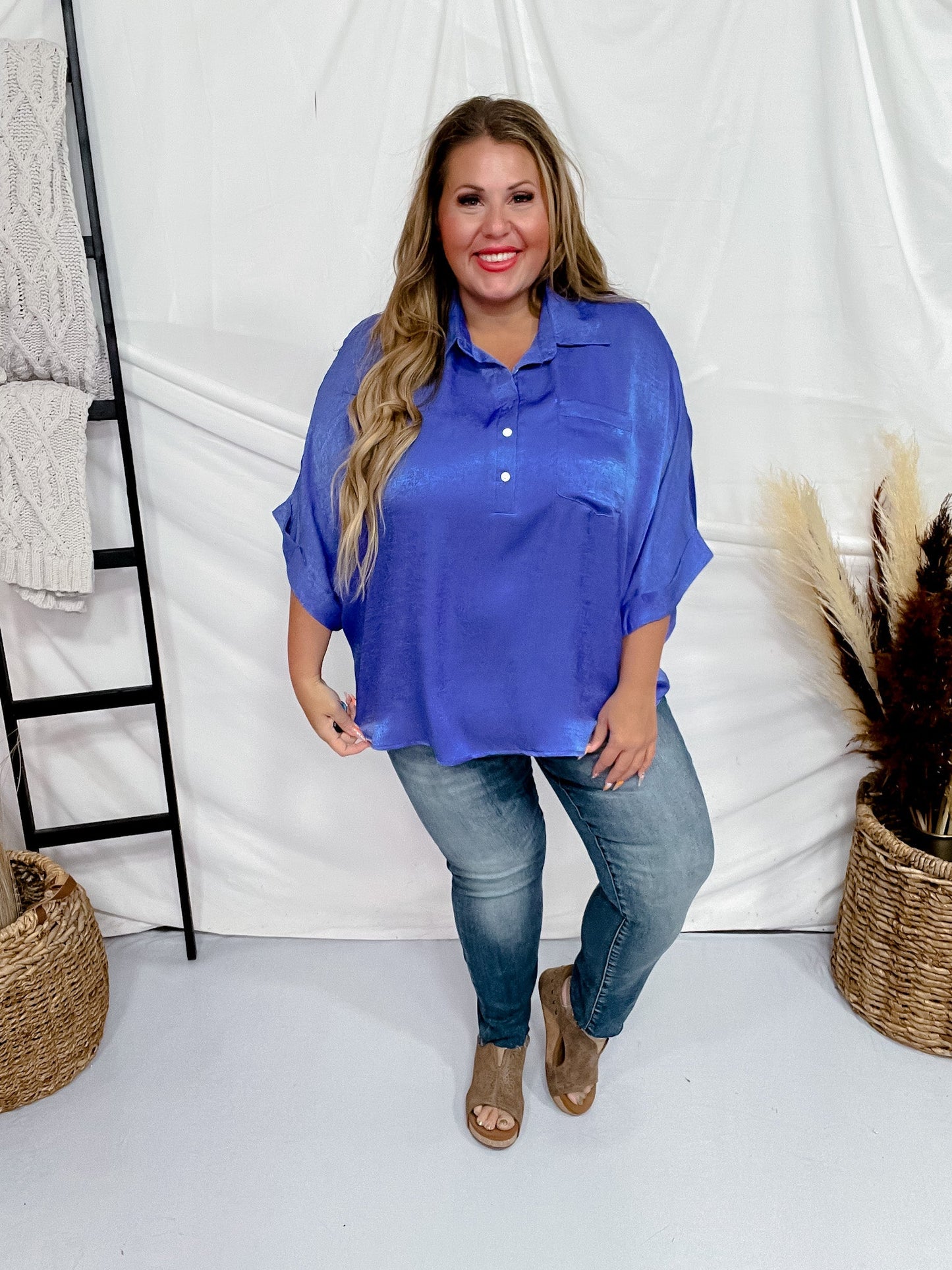 Satin Feel Oversized Top with Dolman Sleeves in Royal Blue - Whiskey Skies - ANDREE BY UNIT