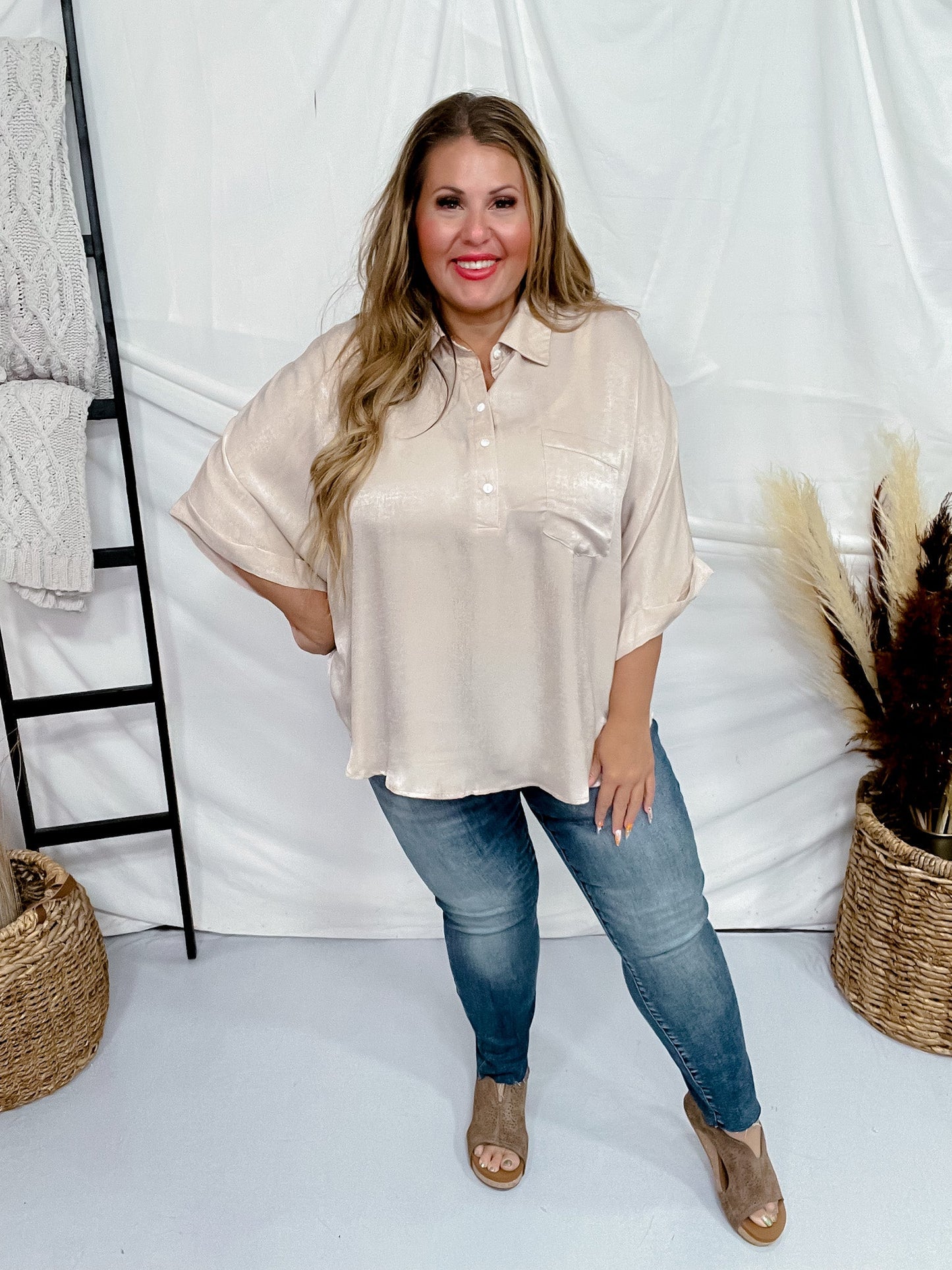 Satin Feel Oversized Top with Dolman Sleeves in Taupe - Whiskey Skies - ANDREE BY UNIT