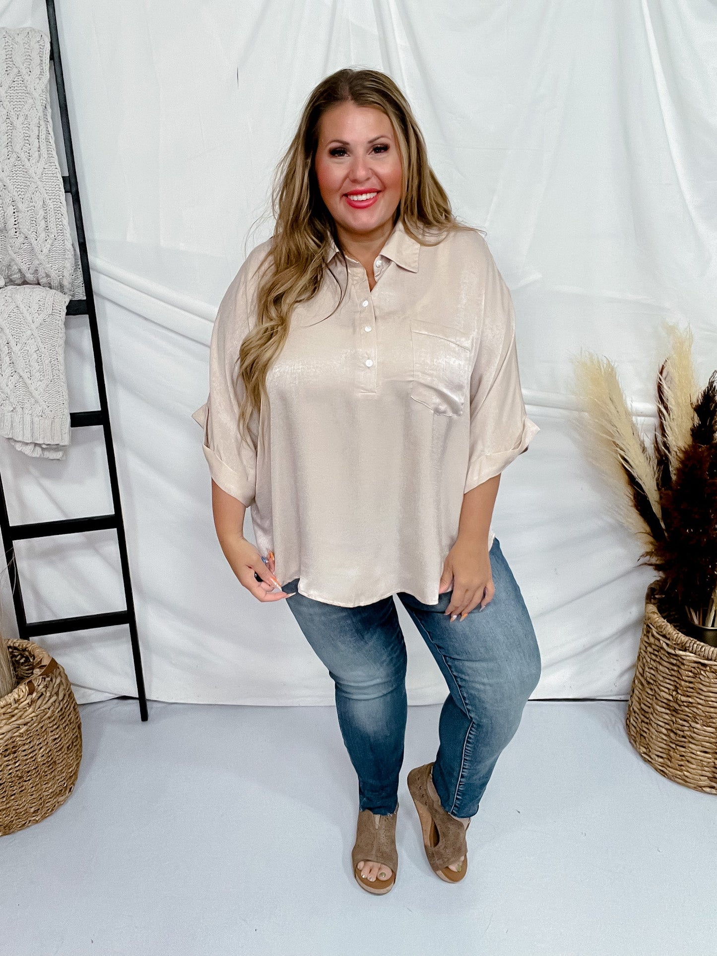 Satin Feel Oversized Top with Dolman Sleeves in Taupe - Whiskey Skies - ANDREE BY UNIT