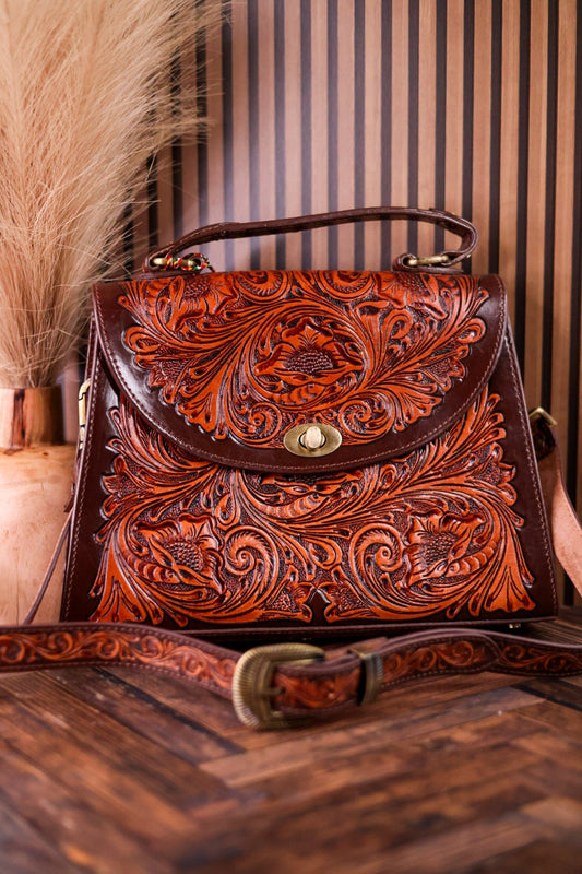 Savannah Scroll Embossed Dark Brown Leather Sling Bag - Whiskey Skies - MYRA BAGS