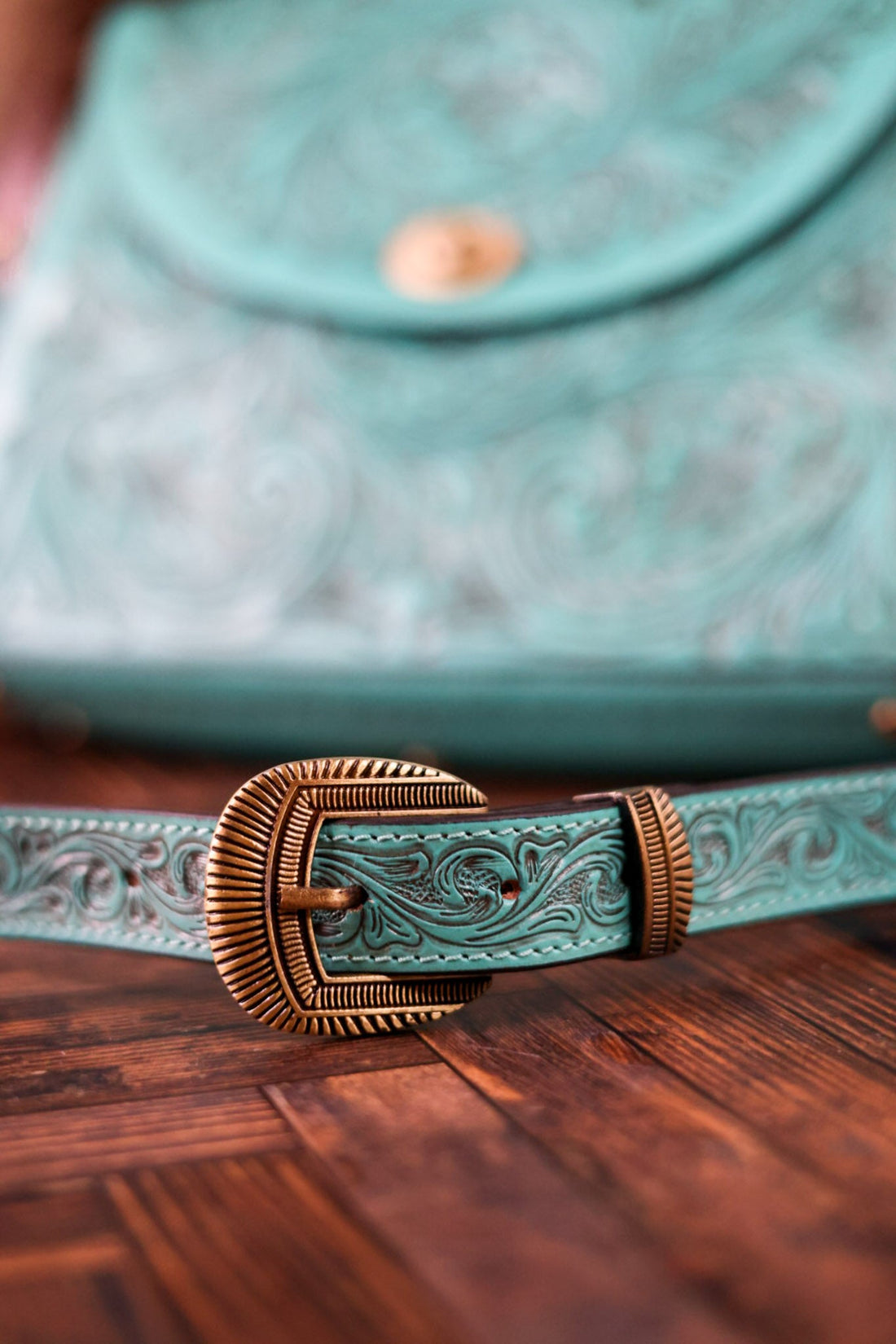 Savannah Scroll Embossed Turquoise Leather Sling Bag - Whiskey Skies - MYRA BAGS