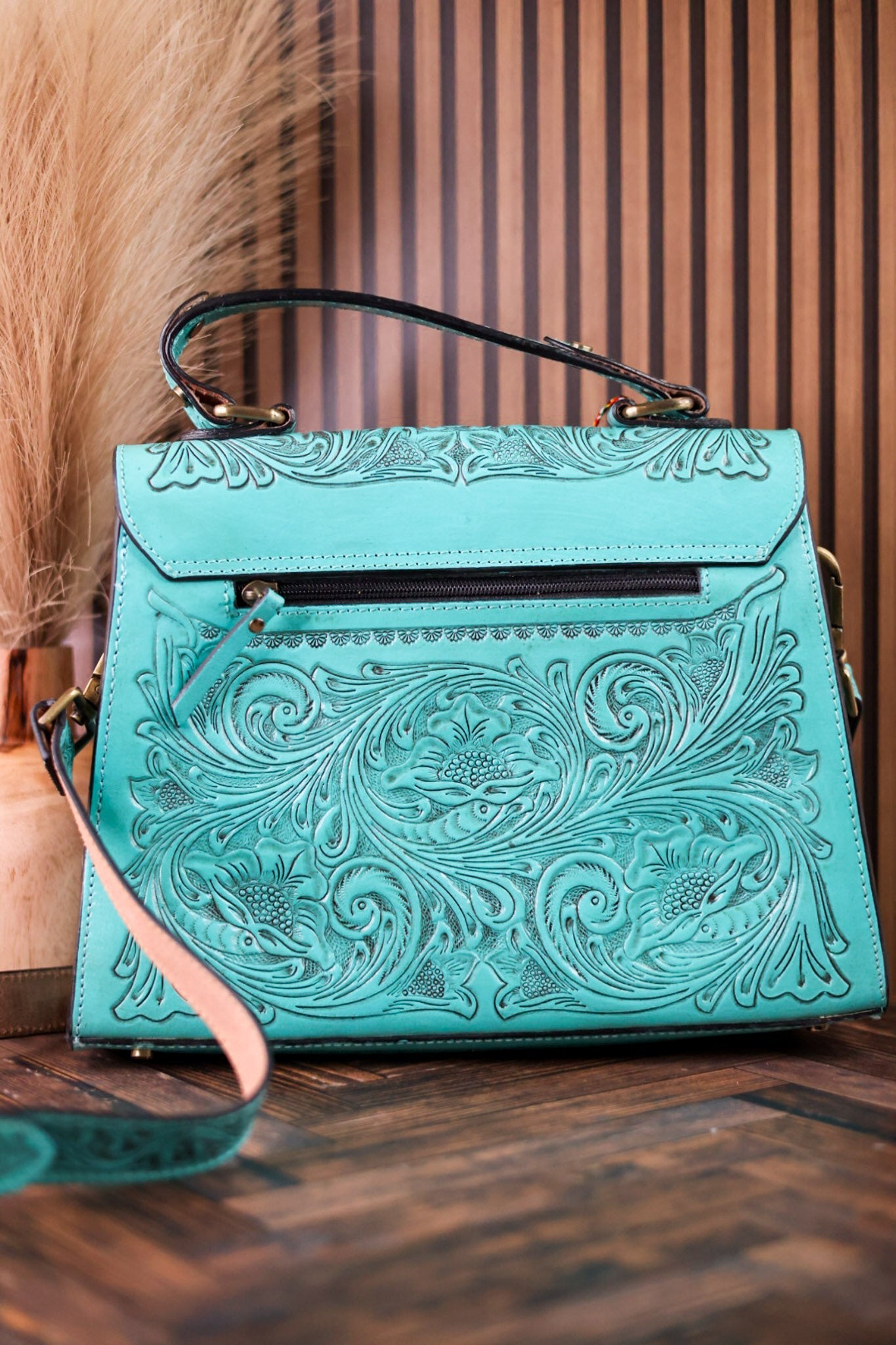 Savannah Scroll Embossed Turquoise Leather Sling Bag - Whiskey Skies - MYRA BAGS