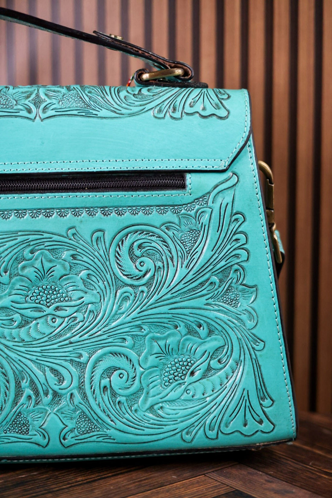 Savannah Scroll Embossed Turquoise Leather Sling Bag - Whiskey Skies - MYRA BAGS