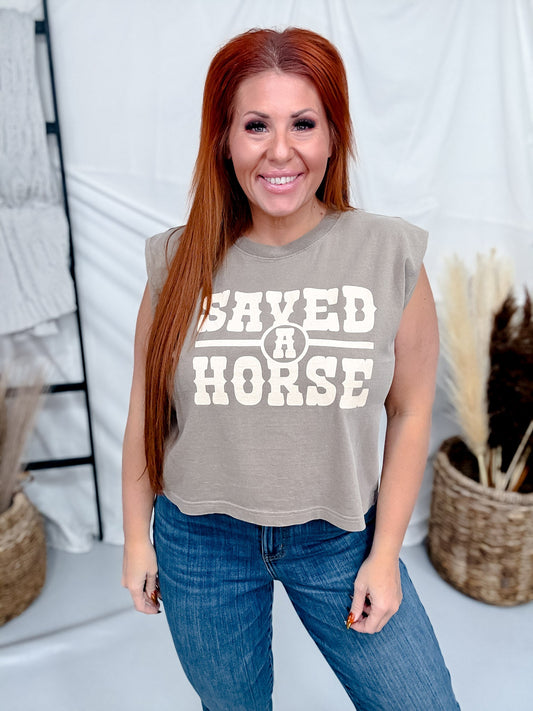 Saved A Horse Faded Brown Graphic Midi Muscle Tank - Whiskey Skies - STATED BRANDS