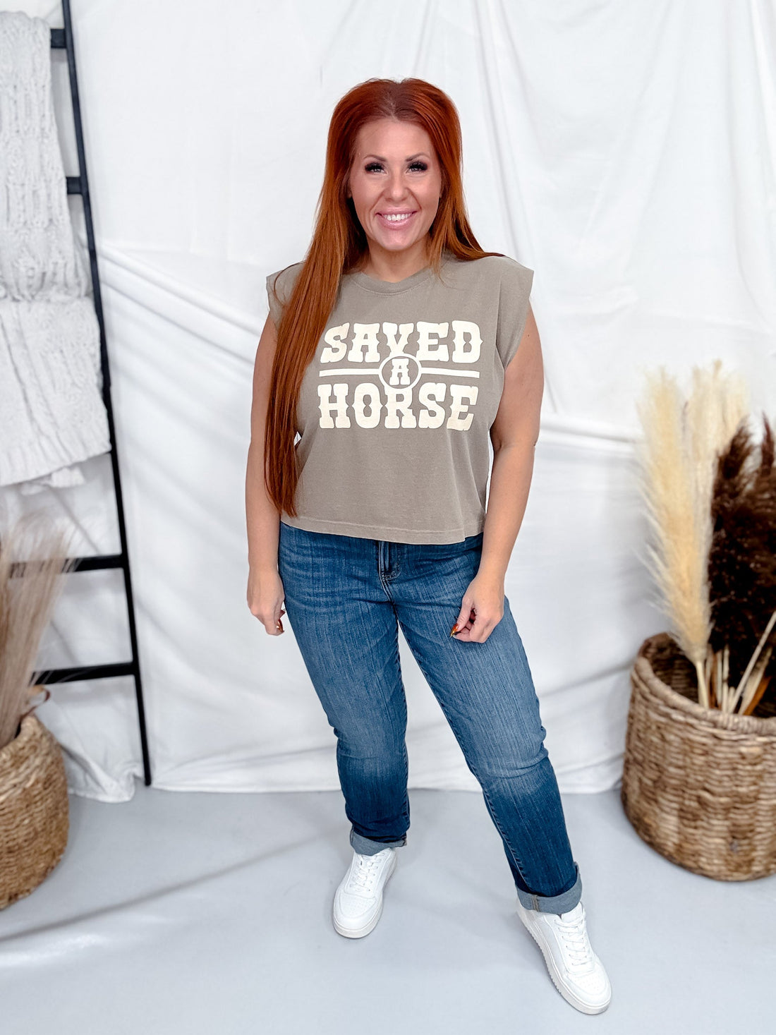 Saved A Horse Faded Brown Graphic Midi Muscle Tank - Whiskey Skies - STATED BRANDS